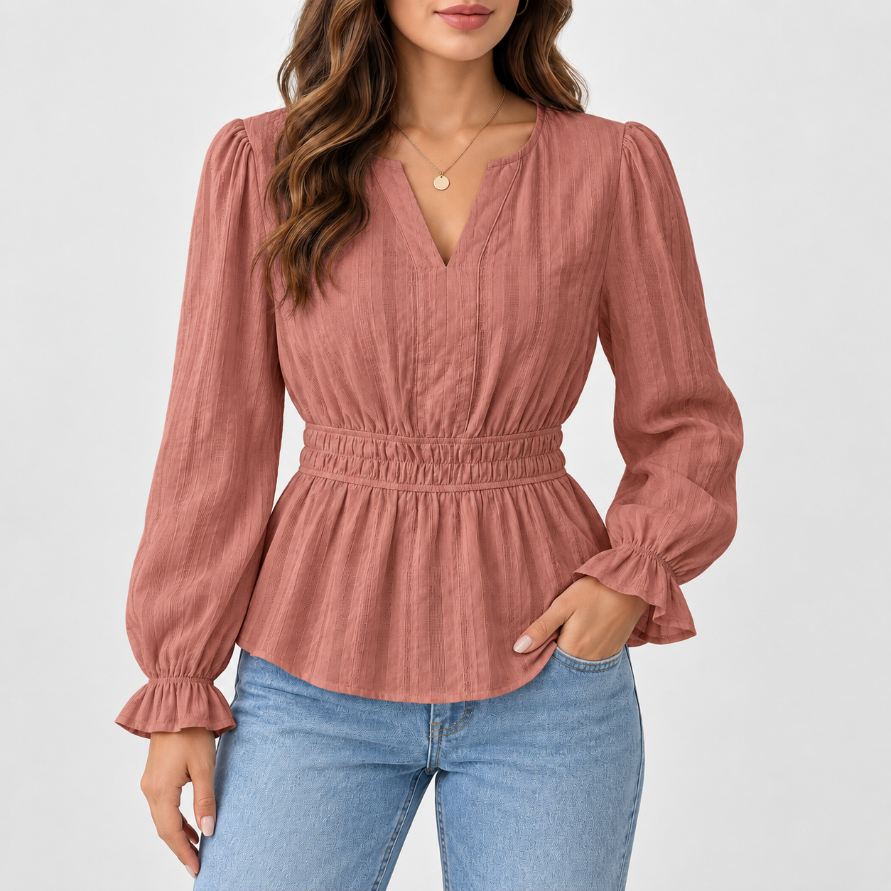 Women's long-sleeve ruffled cotton fitted top