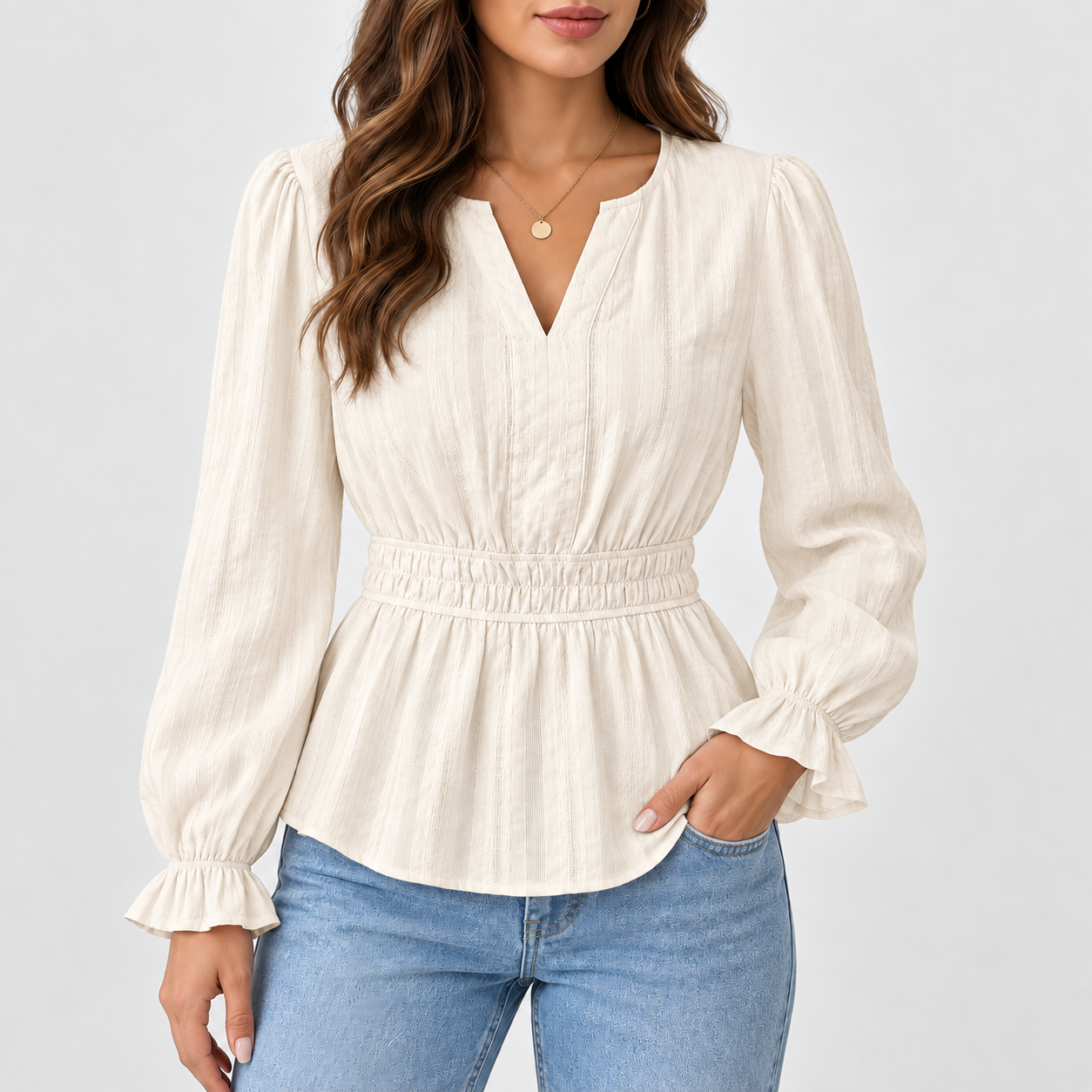 Women's long-sleeve ruffled cotton fitted top
