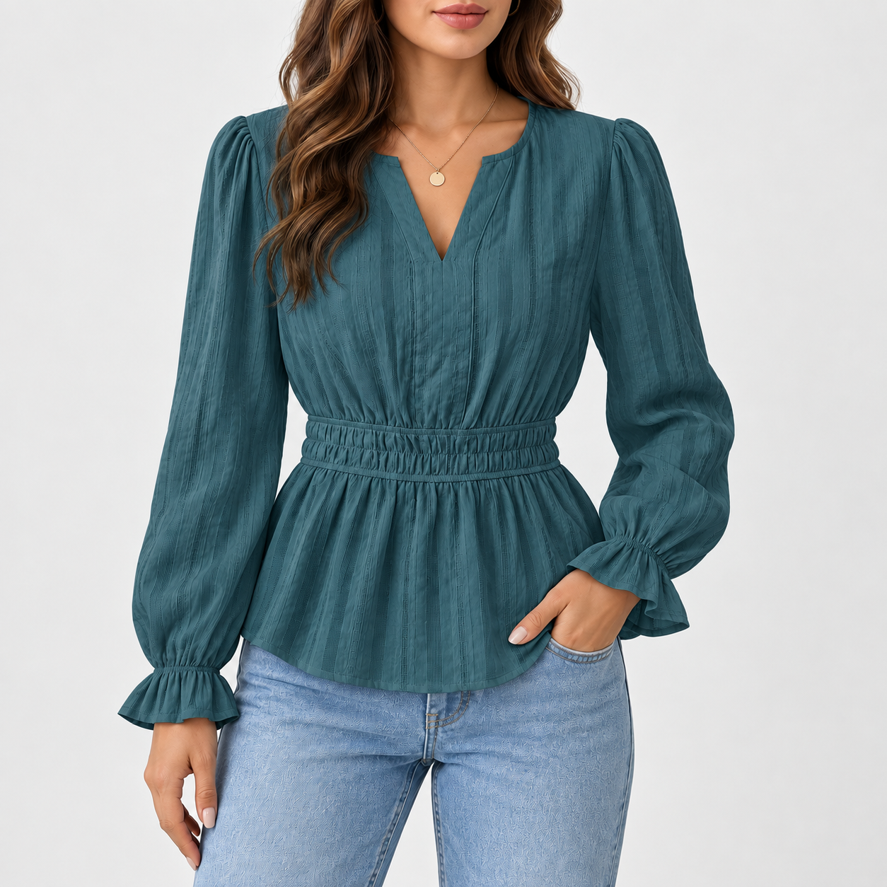 Women's long-sleeve ruffled cotton fitted top