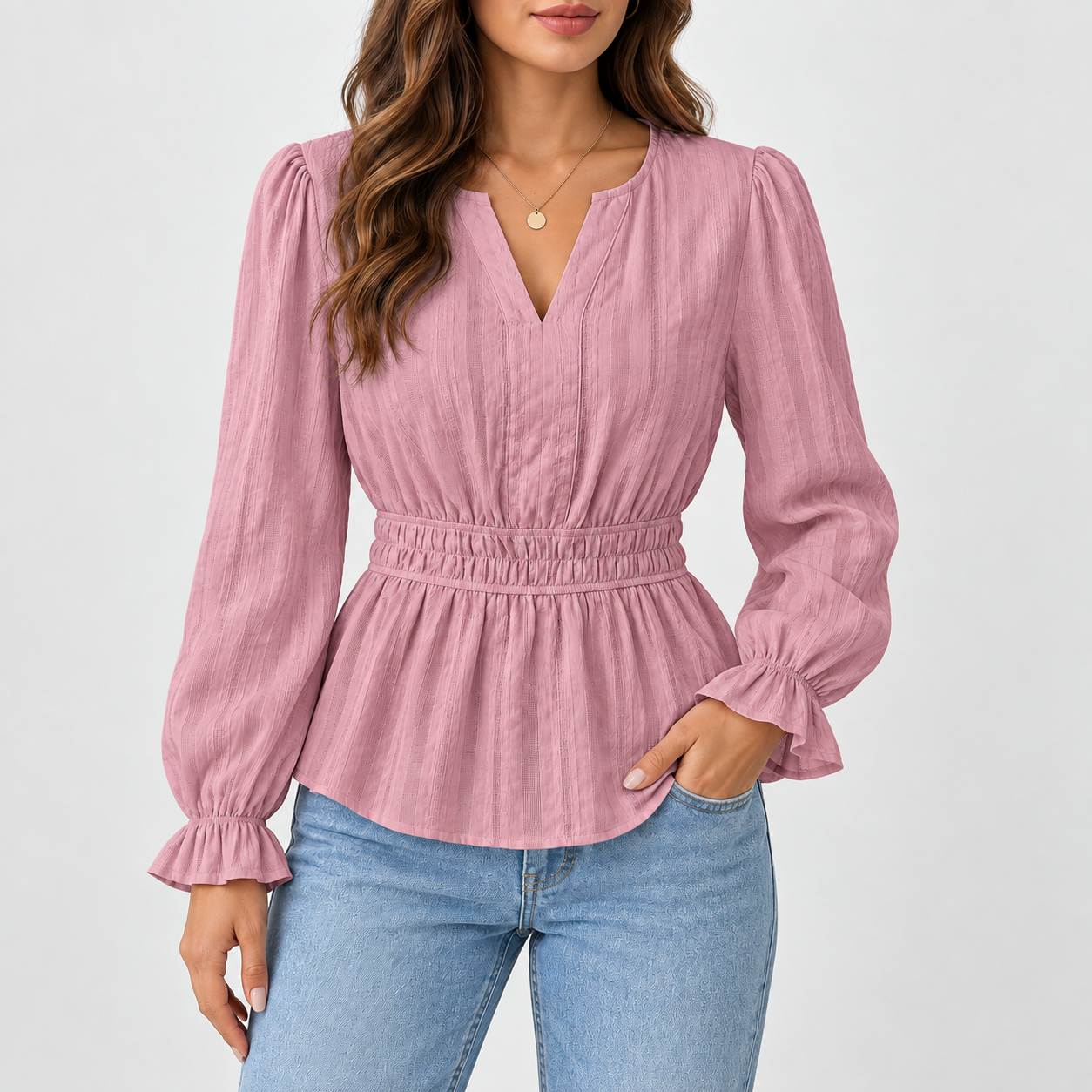 Women's long-sleeve ruffled cotton fitted top