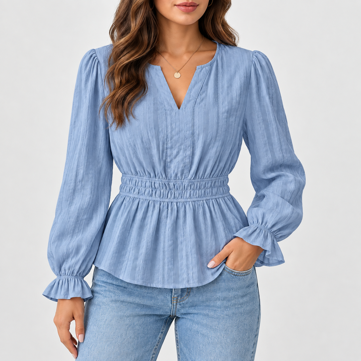 Women's long-sleeve ruffled cotton fitted top