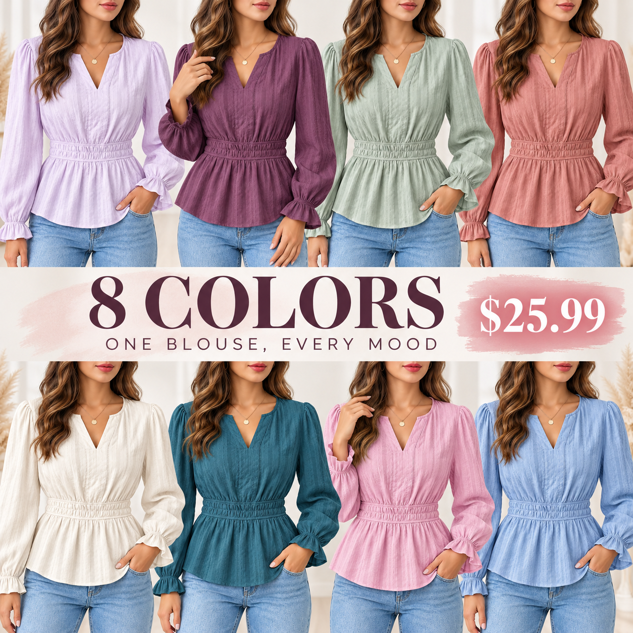 Women's long-sleeve ruffled cotton fitted top