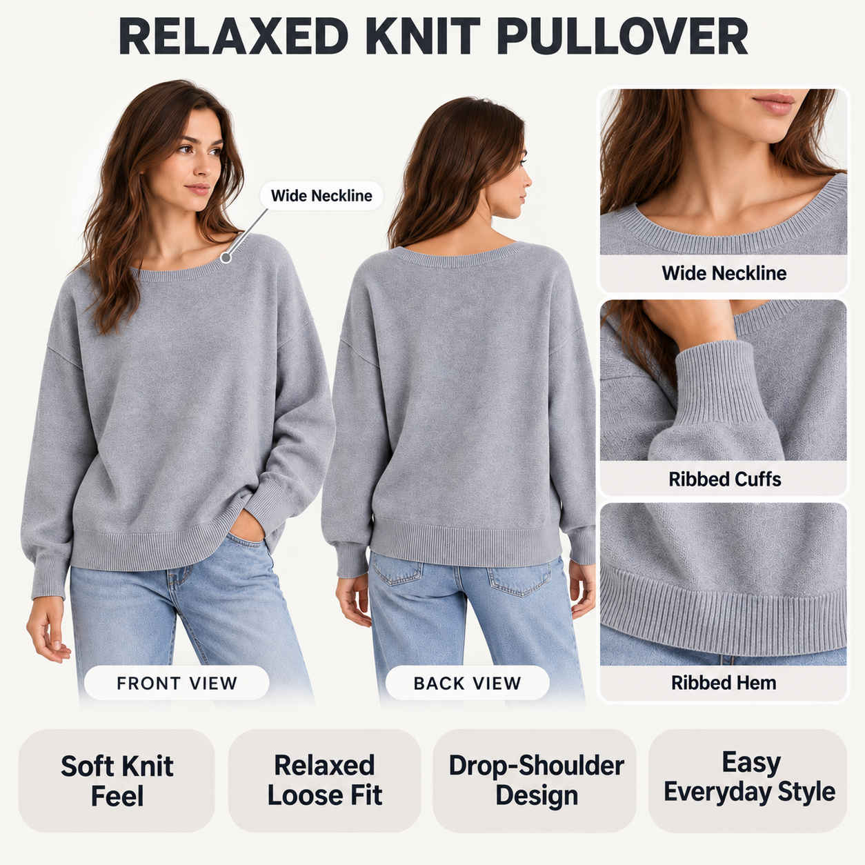 Women's scoop-neck sweater, casual-chic drop-shoulder long-sleeve knit pullover, women's autumn/winter knit top.