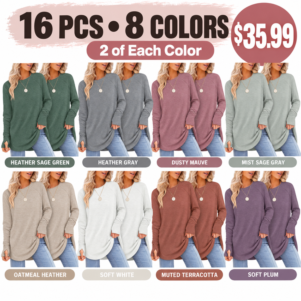 Women's long-length casual top featuring a spandex blend, a crew neck, and long sleeves with thumbholes; designed with a curved hem and fitted cuffs.