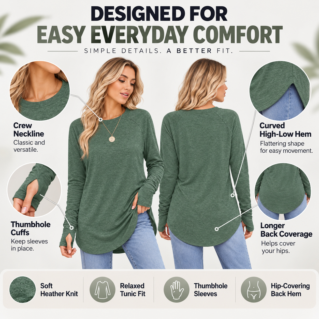 Women's long-length casual top featuring a spandex blend, a crew neck, and long sleeves with thumbholes; designed with a curved hem and fitted cuffs.