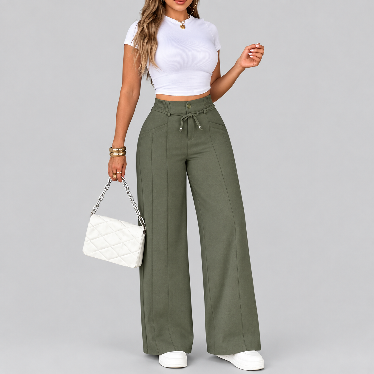 Women's Wide Leg Pants, High Waist Elastic Waist, Straight-Leg Trousers, All Seasons, Loose-Fitting