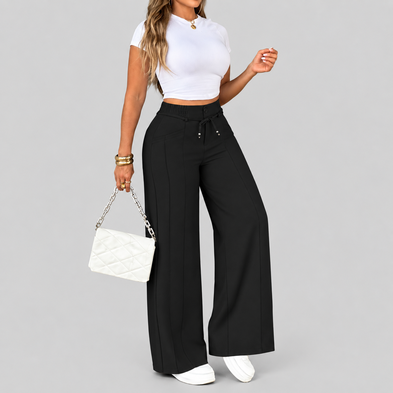 Women's Wide Leg Pants, High Waist Elastic Waist, Straight-Leg Trousers, All Seasons, Loose-Fitting