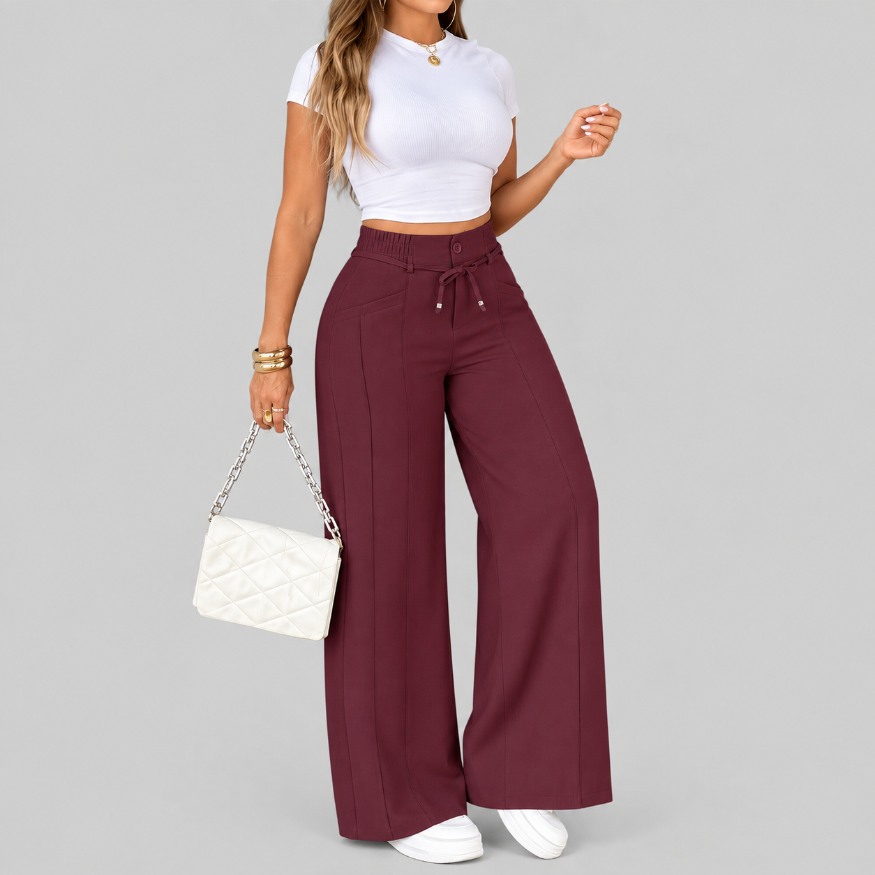 Women's Wide Leg Pants, High Waist Elastic Waist, Straight-Leg Trousers, All Seasons, Loose-Fitting