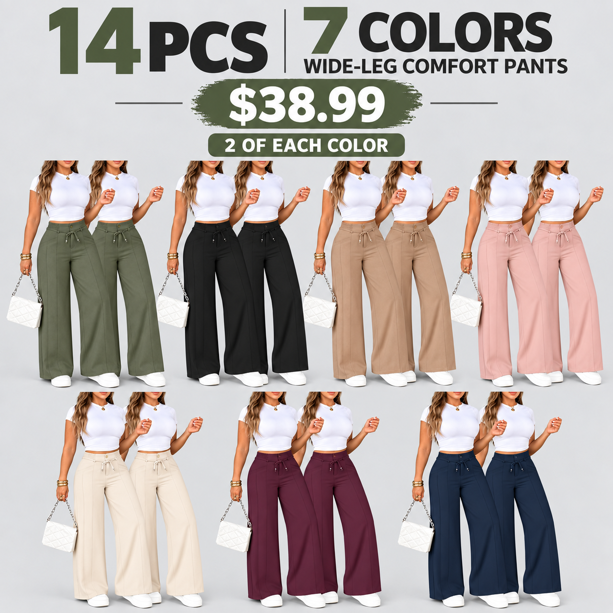 Women's Wide Leg Pants, High Waist Elastic Waist, Straight-Leg Trousers, All Seasons, Loose-Fitting