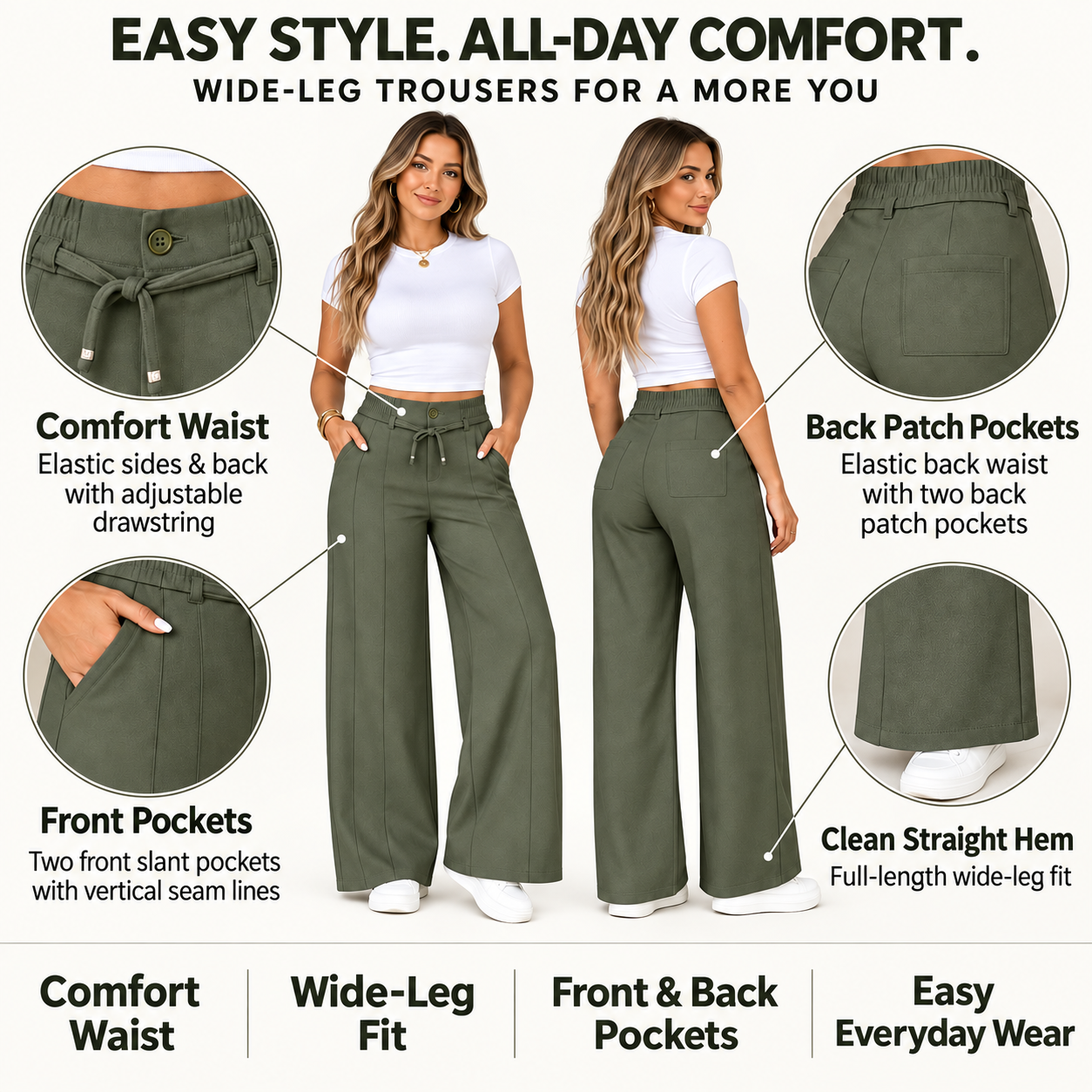 Women's Wide Leg Pants, High Waist Elastic Waist, Straight-Leg Trousers, All Seasons, Loose-Fitting