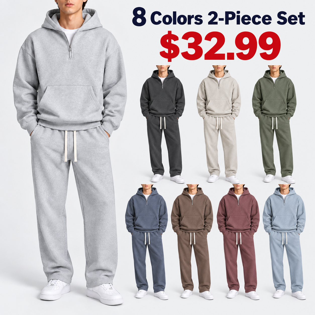 Men's solid-color two-piece casual sportswear set featuring a regular-fit, drop-shoulder, half-zip hoodie.