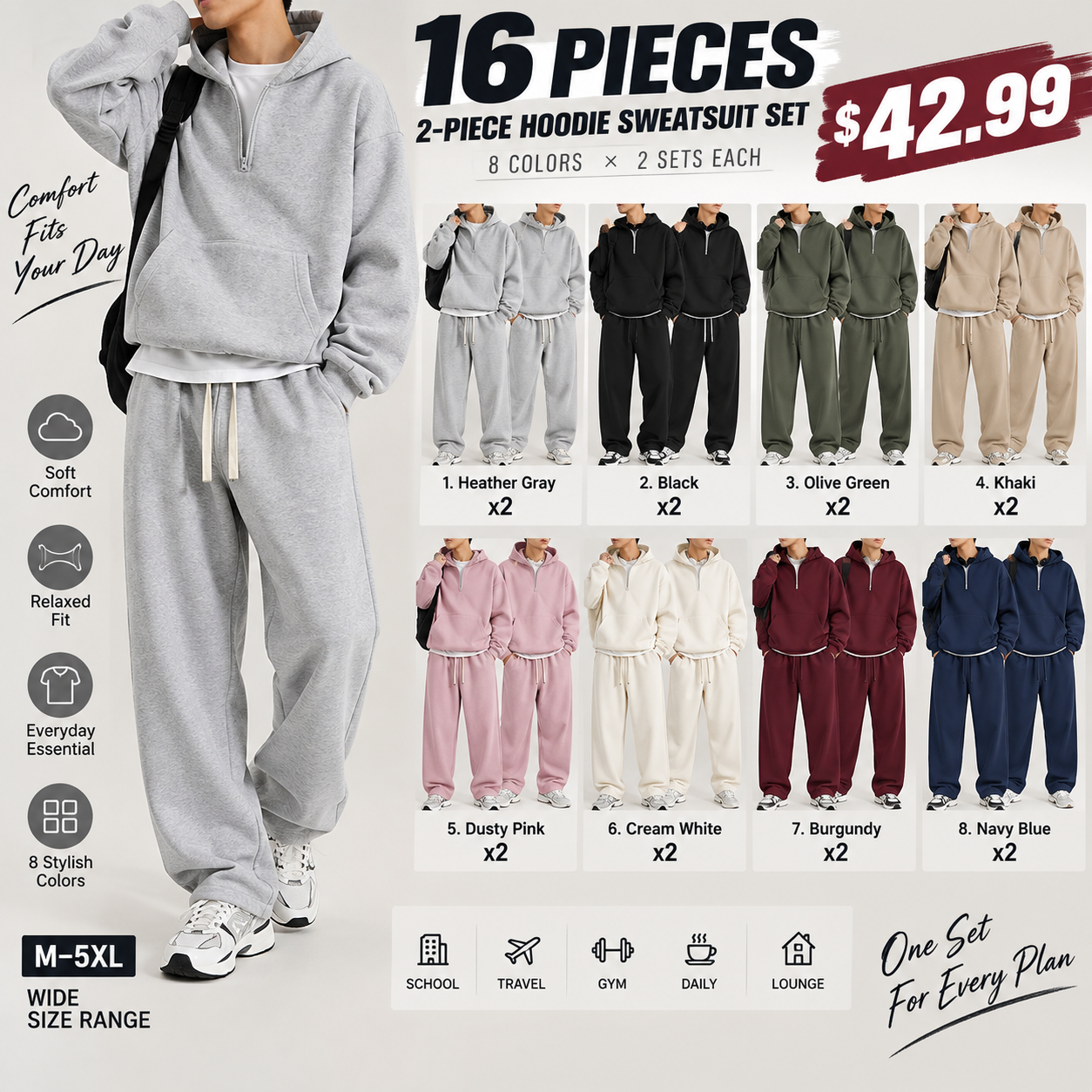 Men's solid-color two-piece casual sportswear set featuring a regular-fit, drop-shoulder, half-zip hoodie.