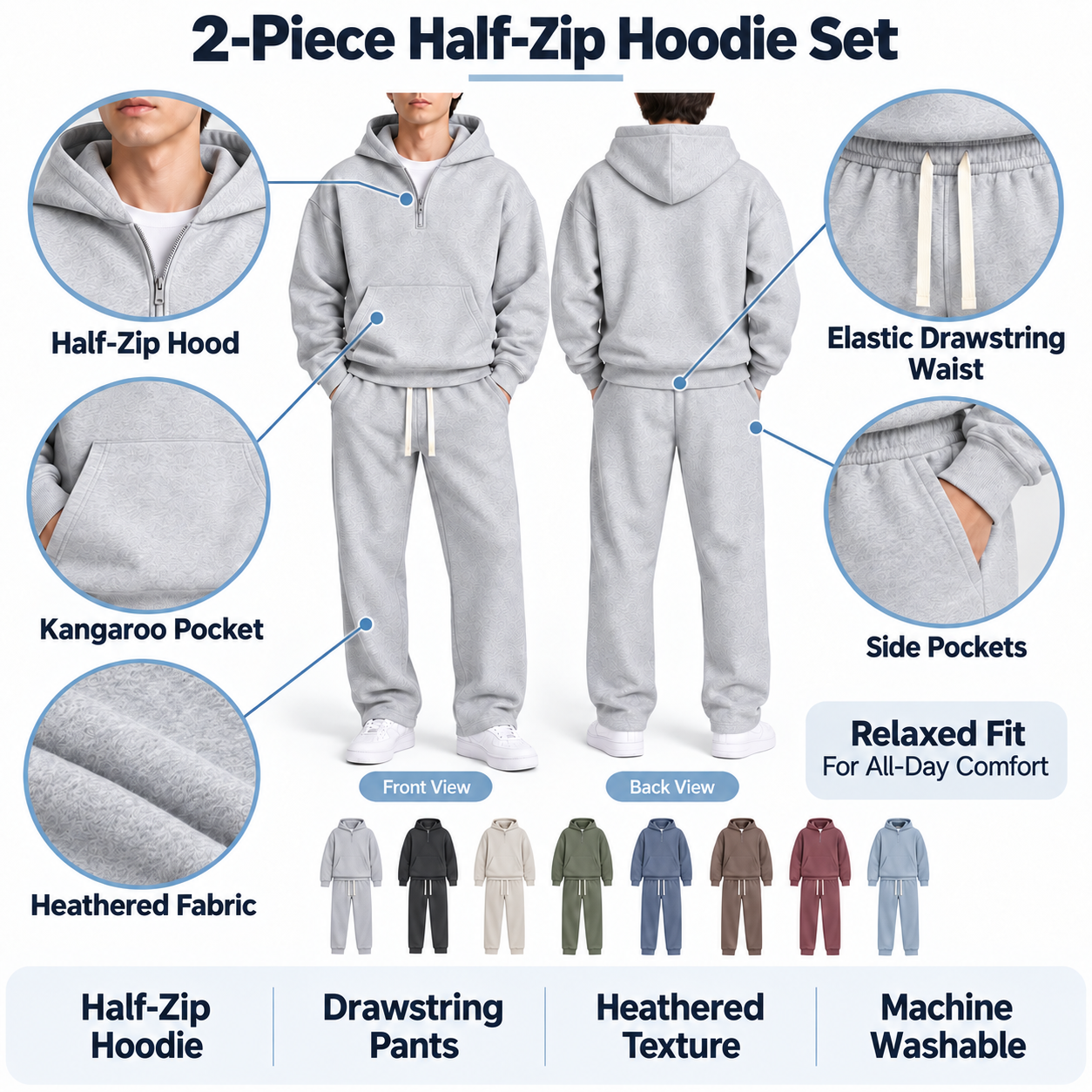 Men's solid-color two-piece casual sportswear set featuring a regular-fit, drop-shoulder, half-zip hoodie.