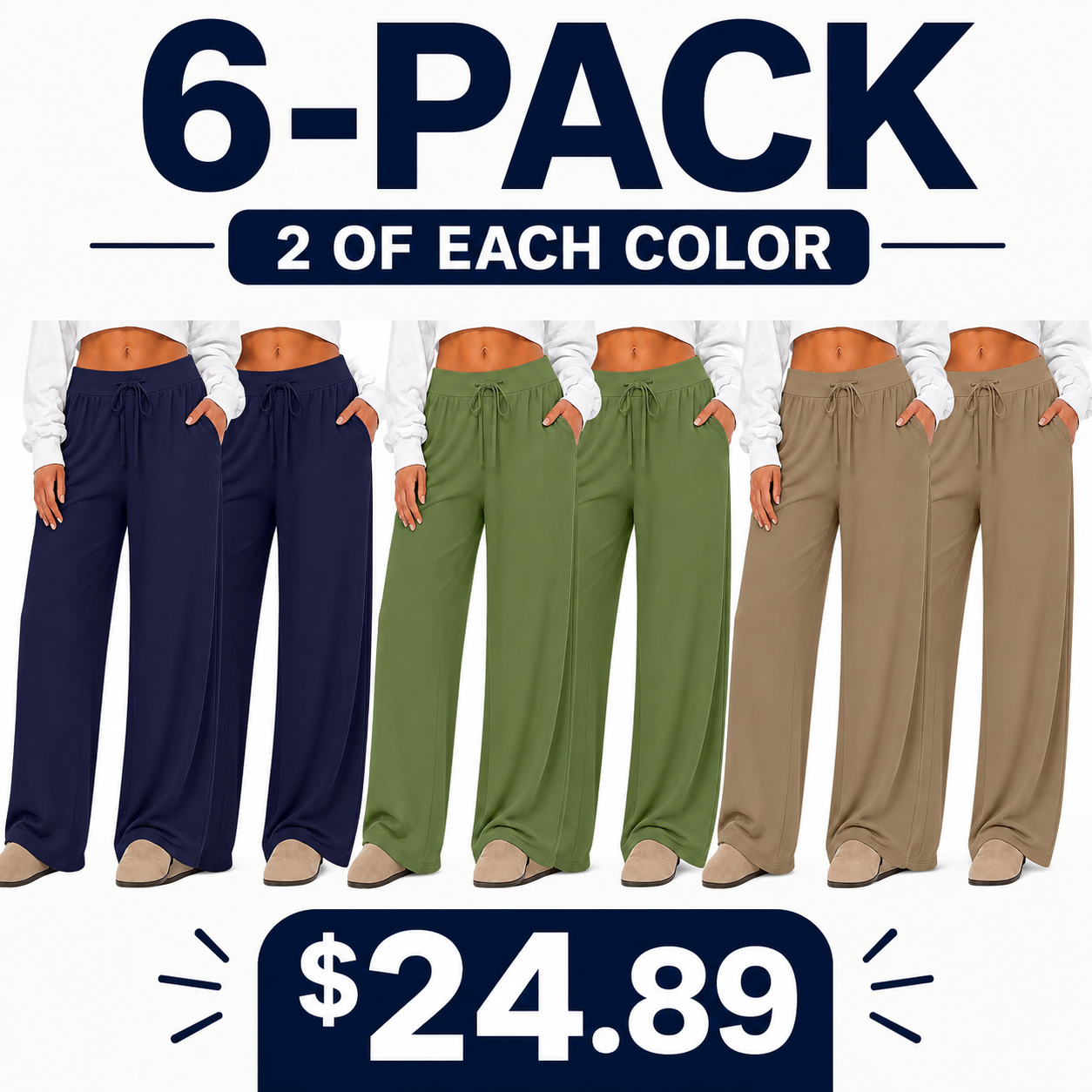 Women's Plus-Size Casual Pants 6-Pack — Wide-Leg Yoga Pants & Loose Drawstring Athletic Pants (with Pockets)