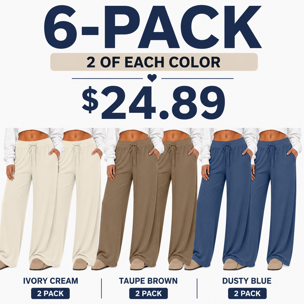 Women's Plus-Size Casual Pants 6-Pack — Wide-Leg Yoga Pants & Loose Drawstring Athletic Pants (with Pockets)