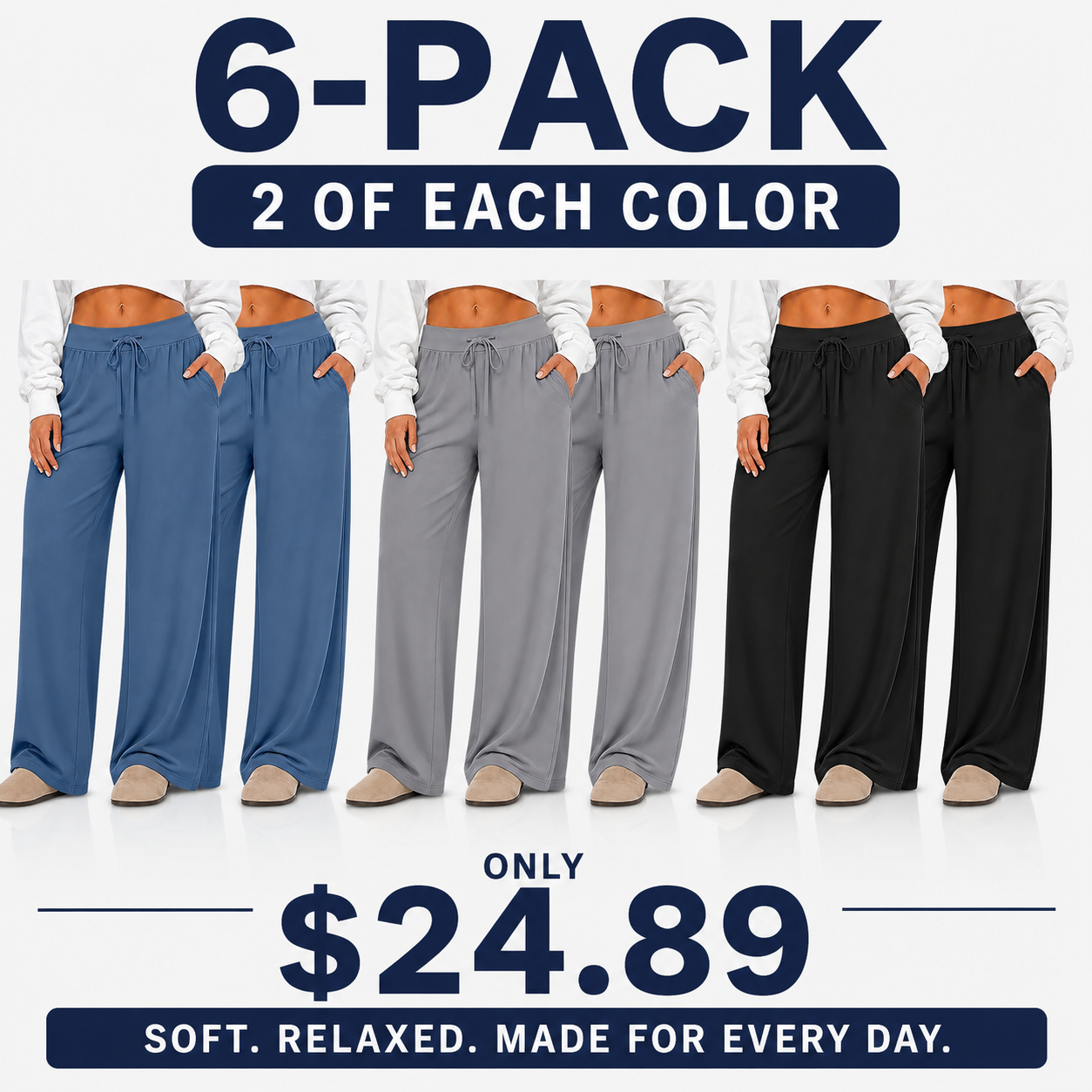 Women's Plus-Size Casual Pants 6-Pack — Wide-Leg Yoga Pants & Loose Drawstring Athletic Pants (with Pockets)
