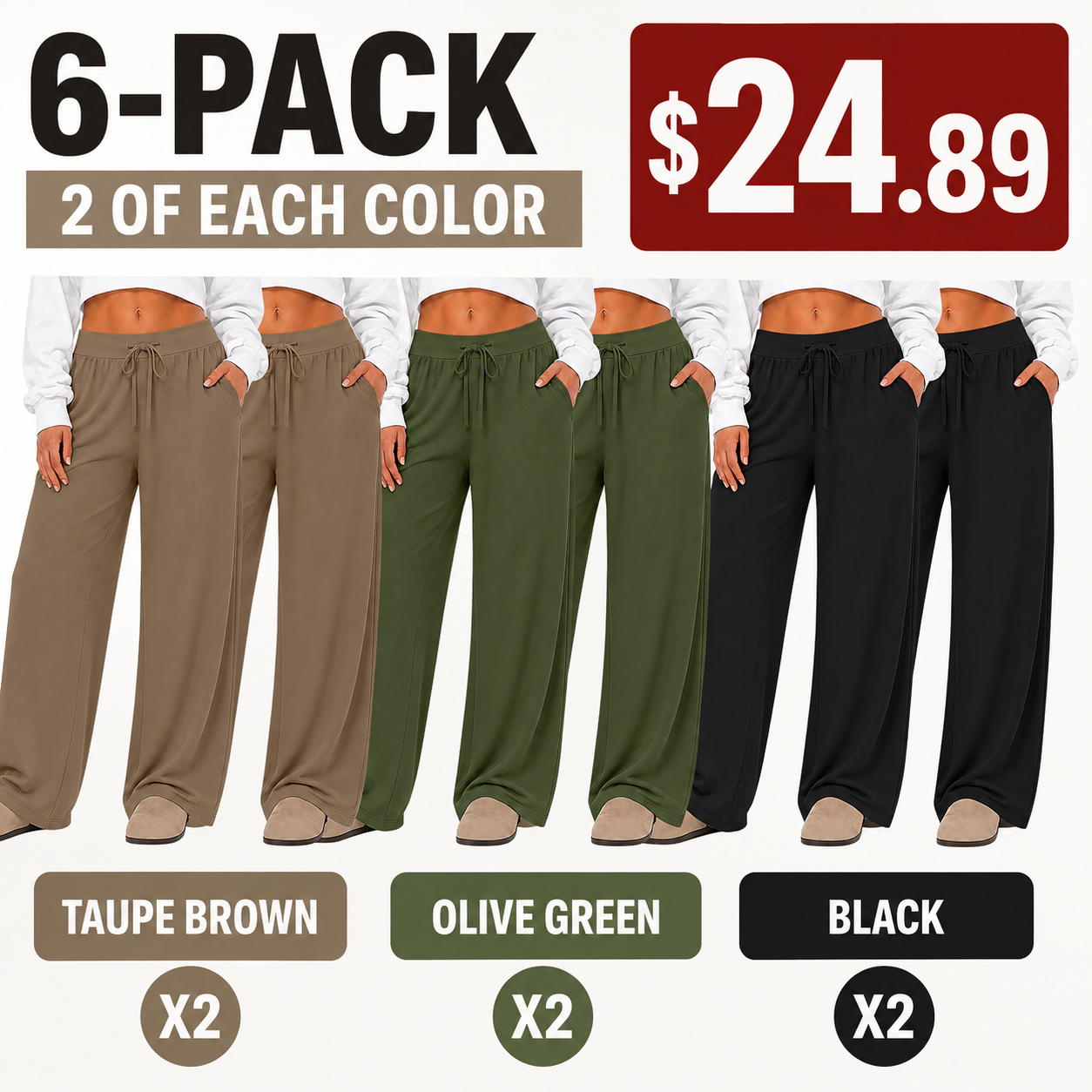 Women's Plus-Size Casual Pants 6-Pack — Wide-Leg Yoga Pants & Loose Drawstring Athletic Pants (with Pockets)