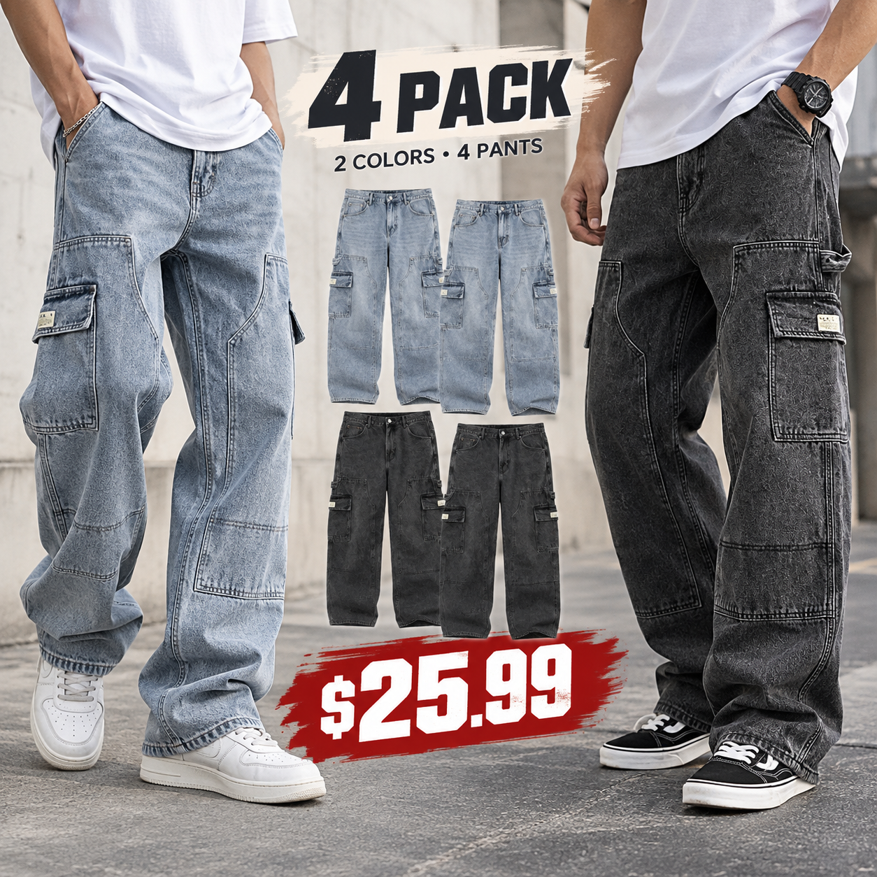 Men's loose-fit jeans, utility style, washed black