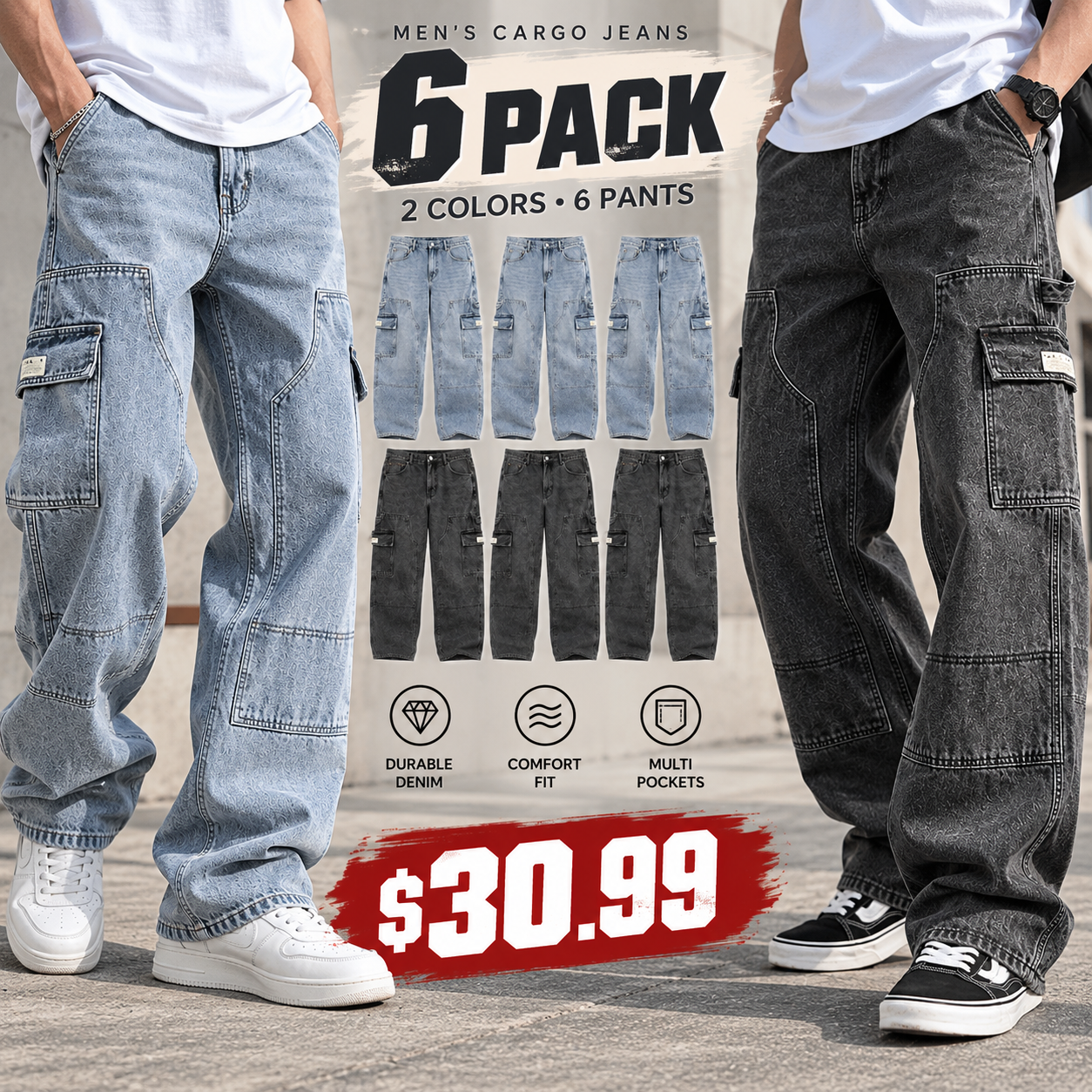 Men's loose-fit jeans, utility style, washed black