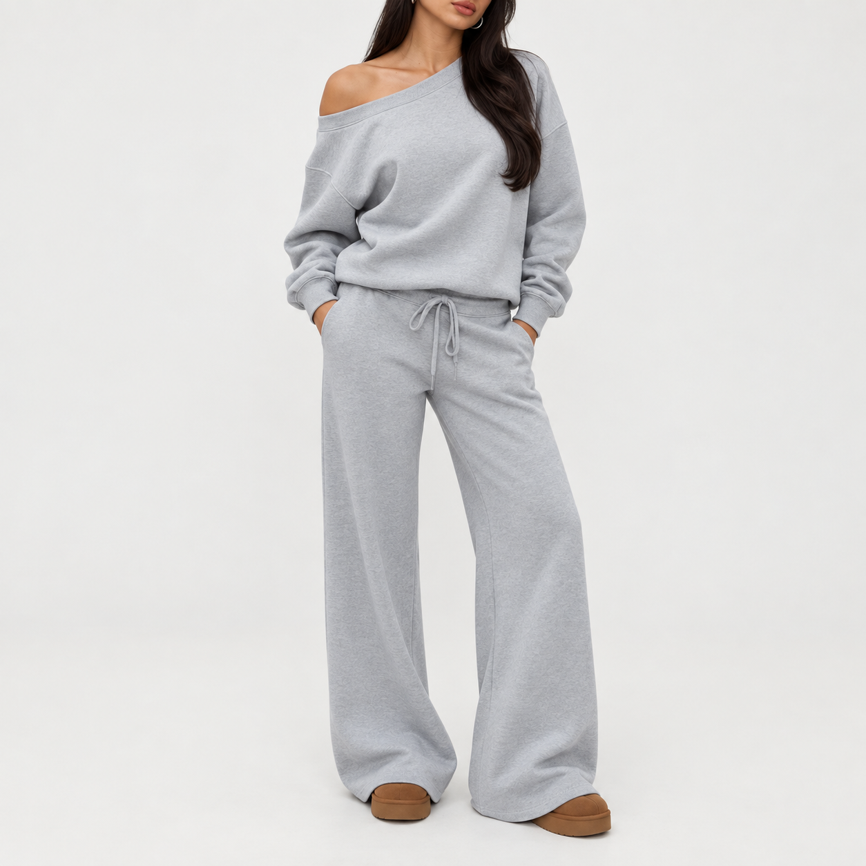Women's off-shoulder long-sleeve jumpsuit set, two-piece outfit, basic autumn activewear set.