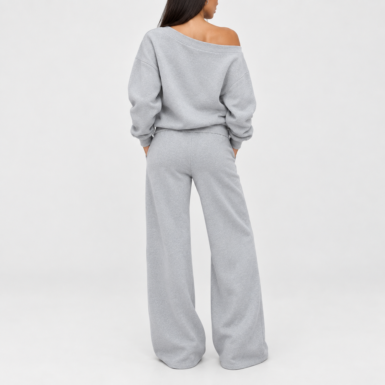 Women's off-shoulder long-sleeve jumpsuit set, two-piece outfit, basic autumn activewear set.