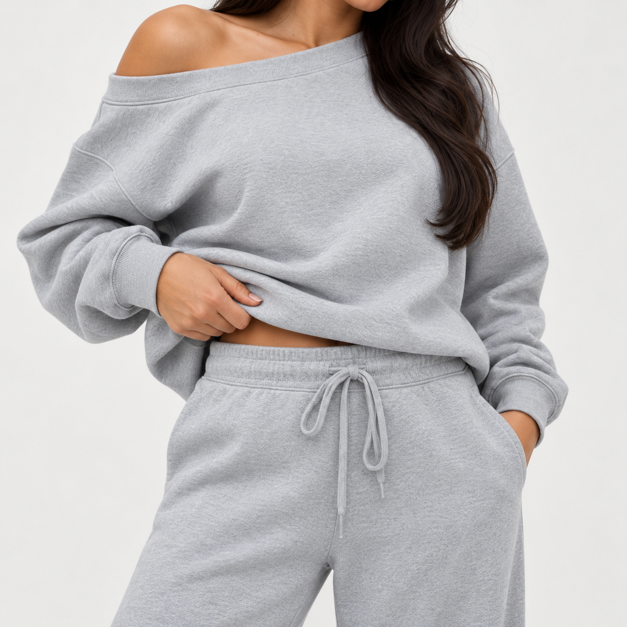 Women's off-shoulder long-sleeve jumpsuit set, two-piece outfit, basic autumn activewear set.