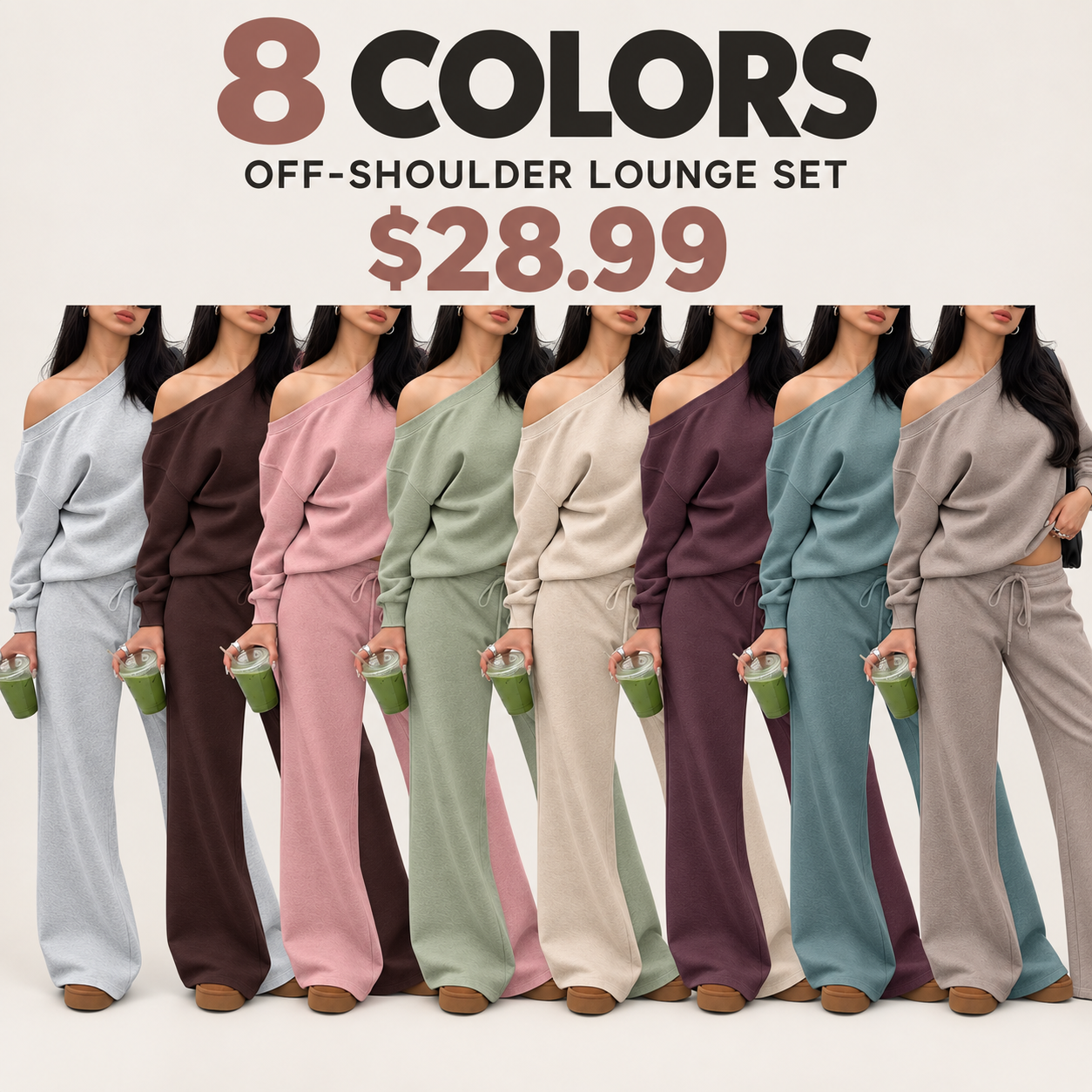 Women's off-shoulder long-sleeve jumpsuit set, two-piece outfit, basic autumn activewear set.