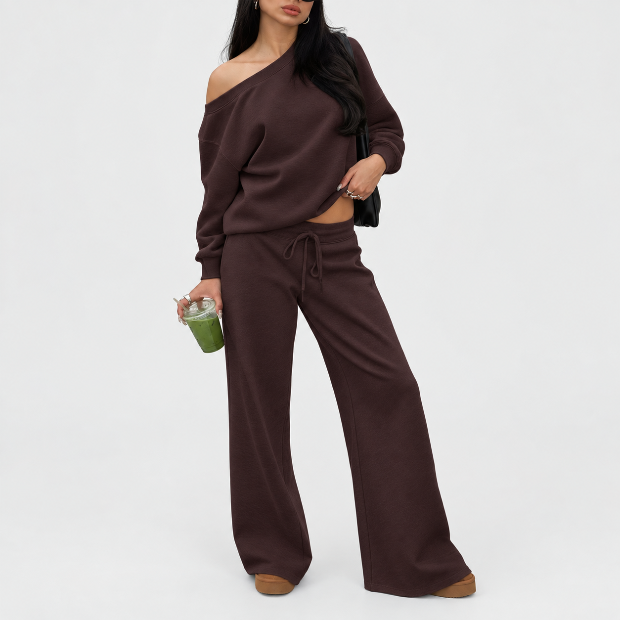 Women's off-shoulder long-sleeve jumpsuit set, two-piece outfit, basic autumn activewear set.
