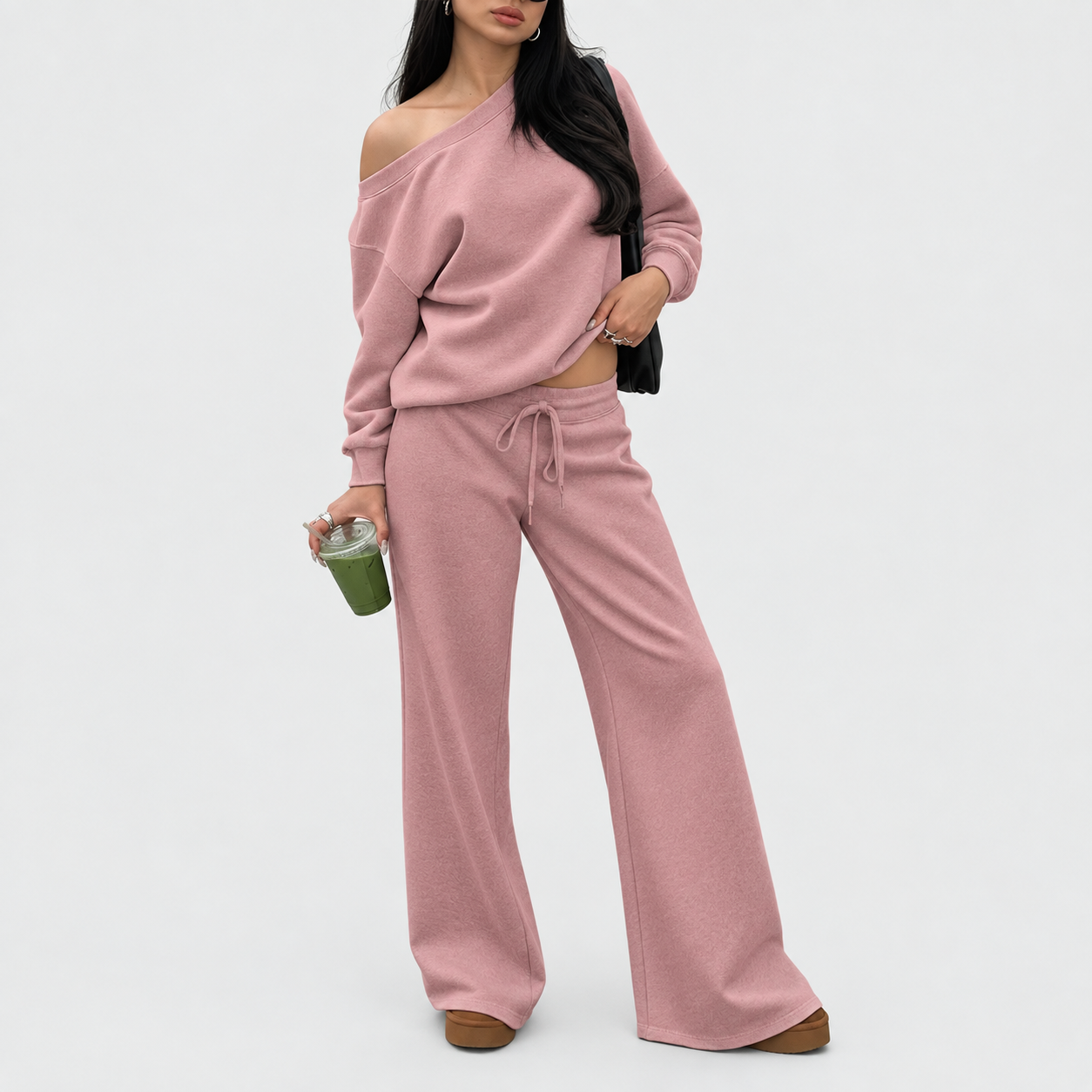 Women's off-shoulder long-sleeve jumpsuit set, two-piece outfit, basic autumn activewear set.