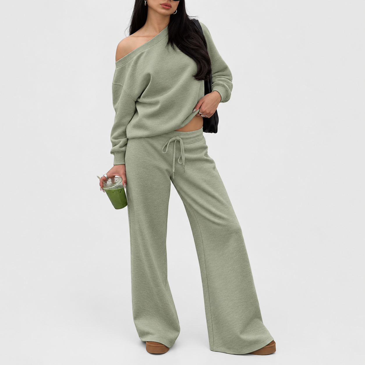 Women's off-shoulder long-sleeve jumpsuit set, two-piece outfit, basic autumn activewear set.