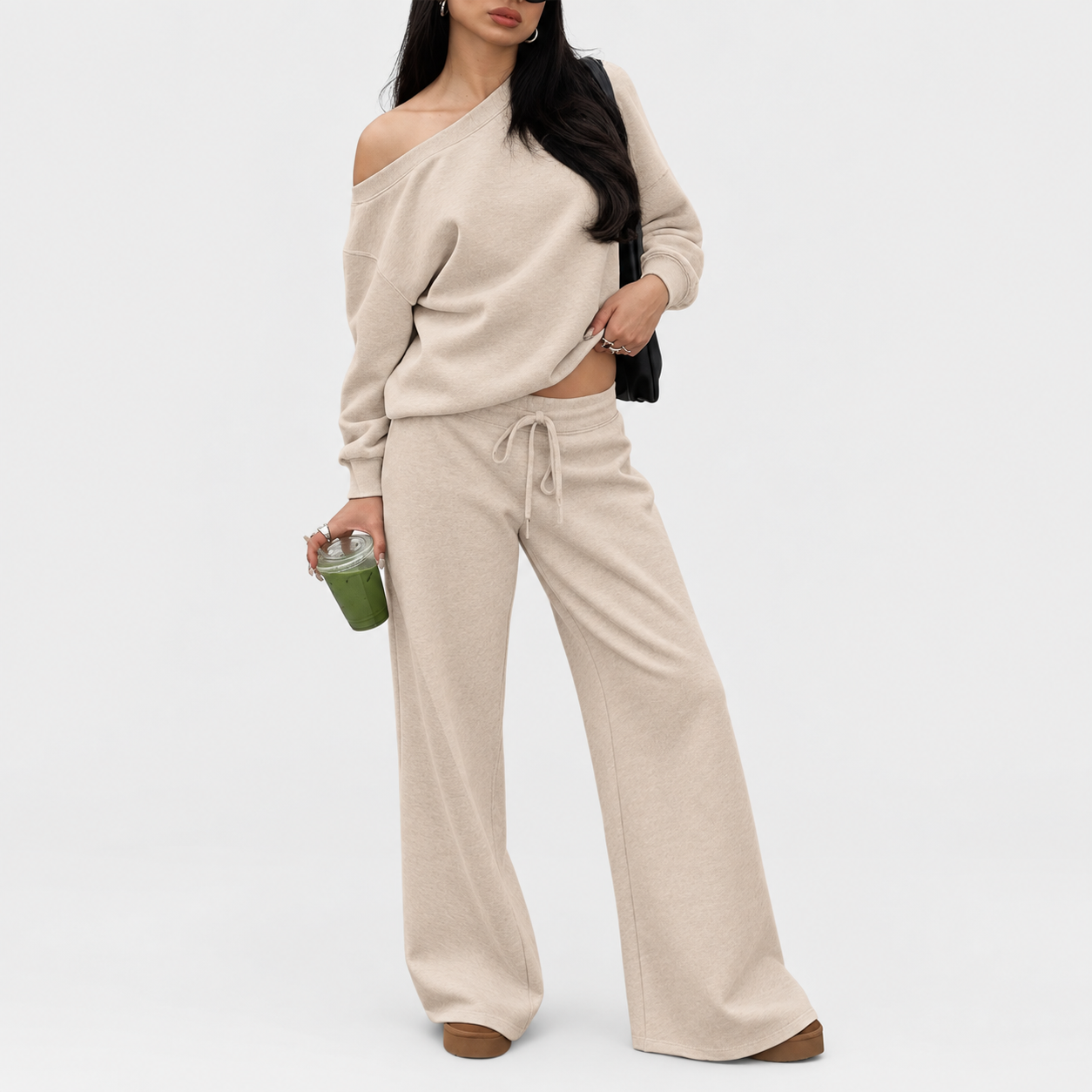 Women's off-shoulder long-sleeve jumpsuit set, two-piece outfit, basic autumn activewear set.