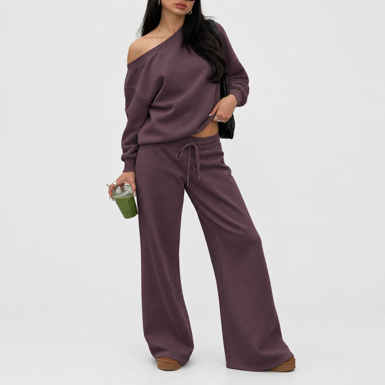 Women's off-shoulder long-sleeve jumpsuit set, two-piece outfit, basic autumn activewear set.