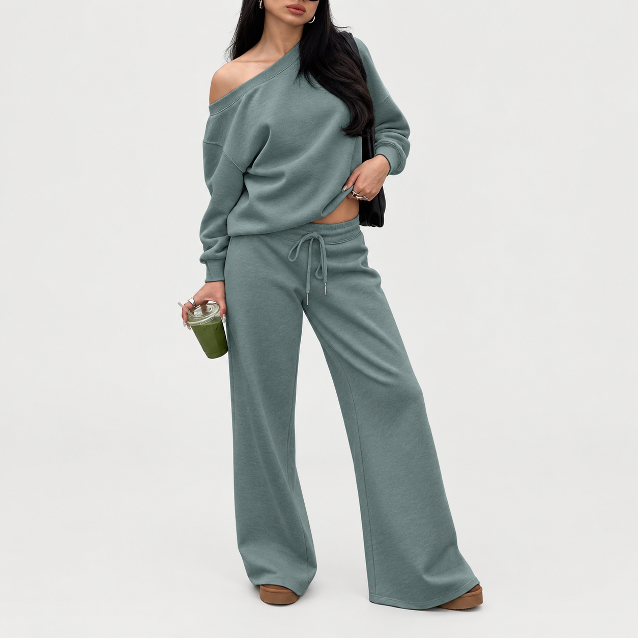 Women's off-shoulder long-sleeve jumpsuit set, two-piece outfit, basic autumn activewear set.