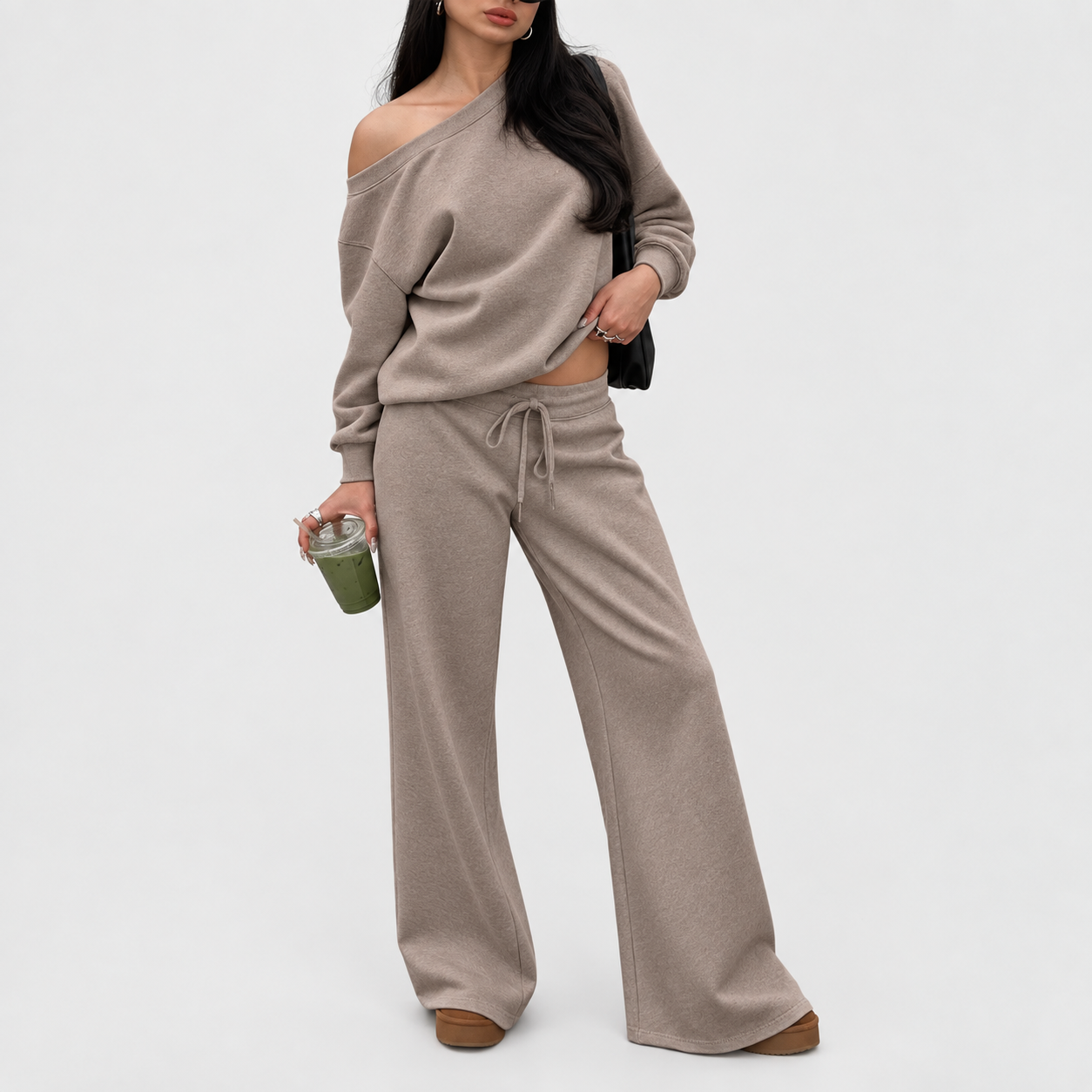 Women's off-shoulder long-sleeve jumpsuit set, two-piece outfit, basic autumn activewear set.