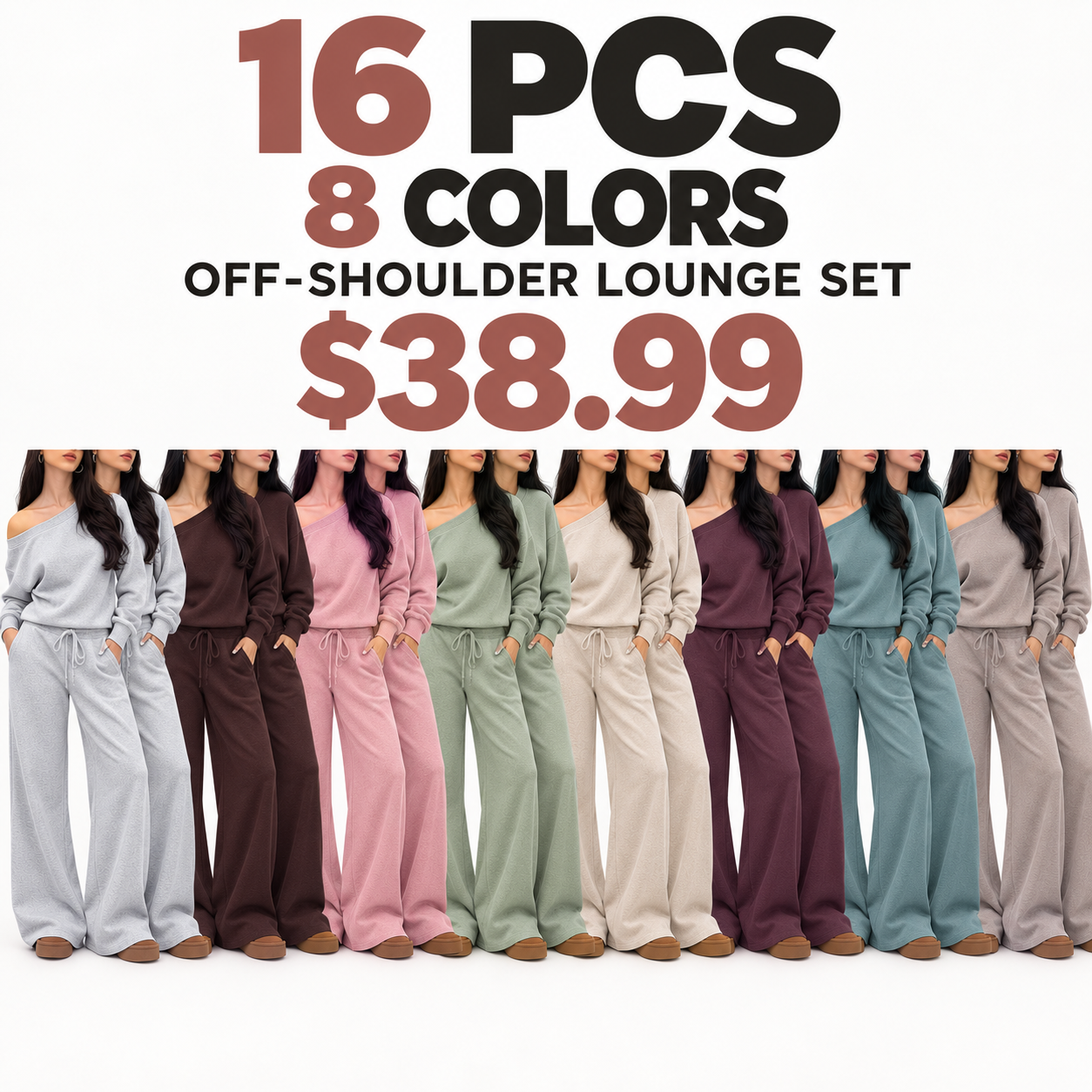 Women's off-shoulder long-sleeve jumpsuit set, two-piece outfit, basic autumn activewear set.