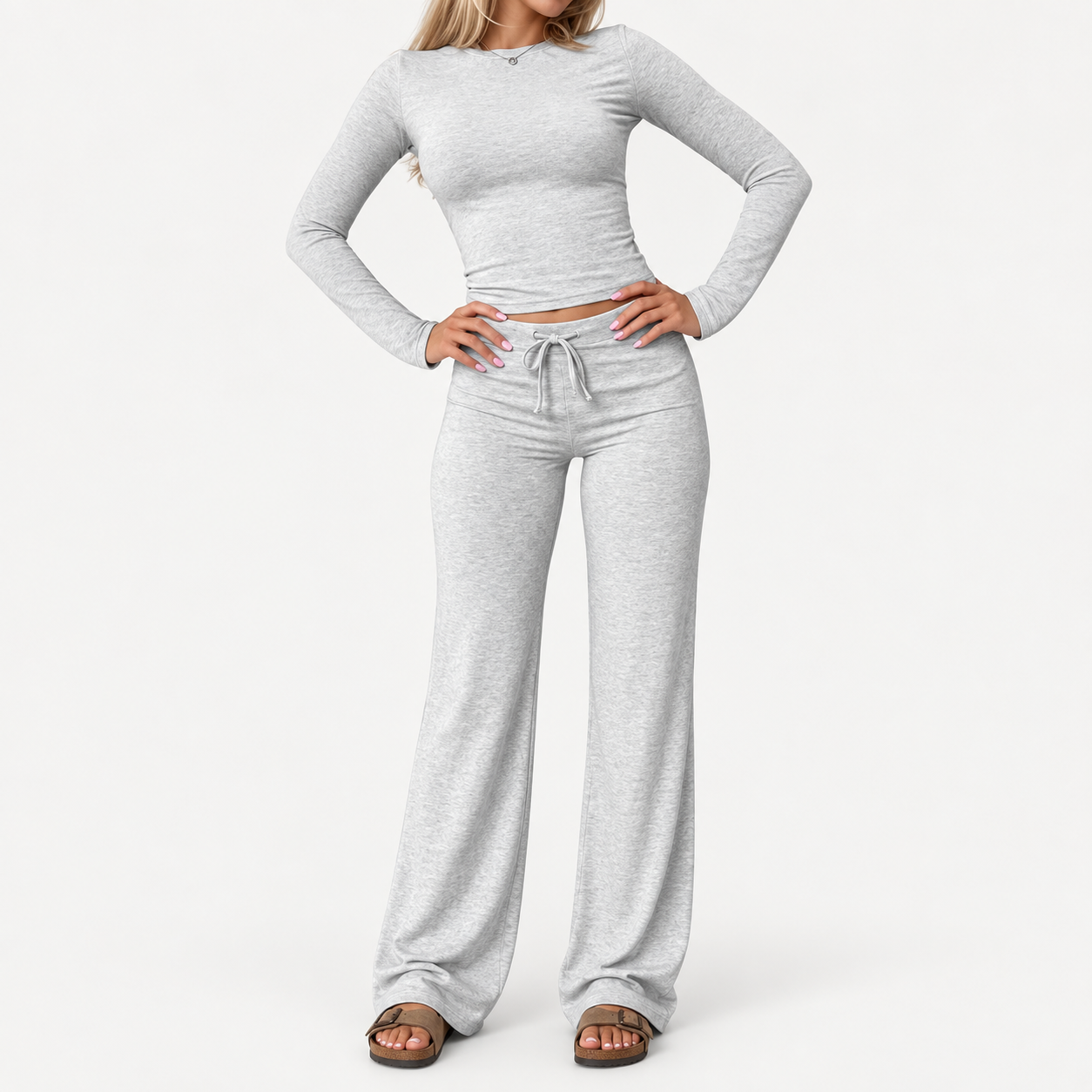 Women’s Modal Two-Piece Lounge Set  A fitted long-sleeve top paired with relaxed drawstring pants for an easy, flattering everyday look