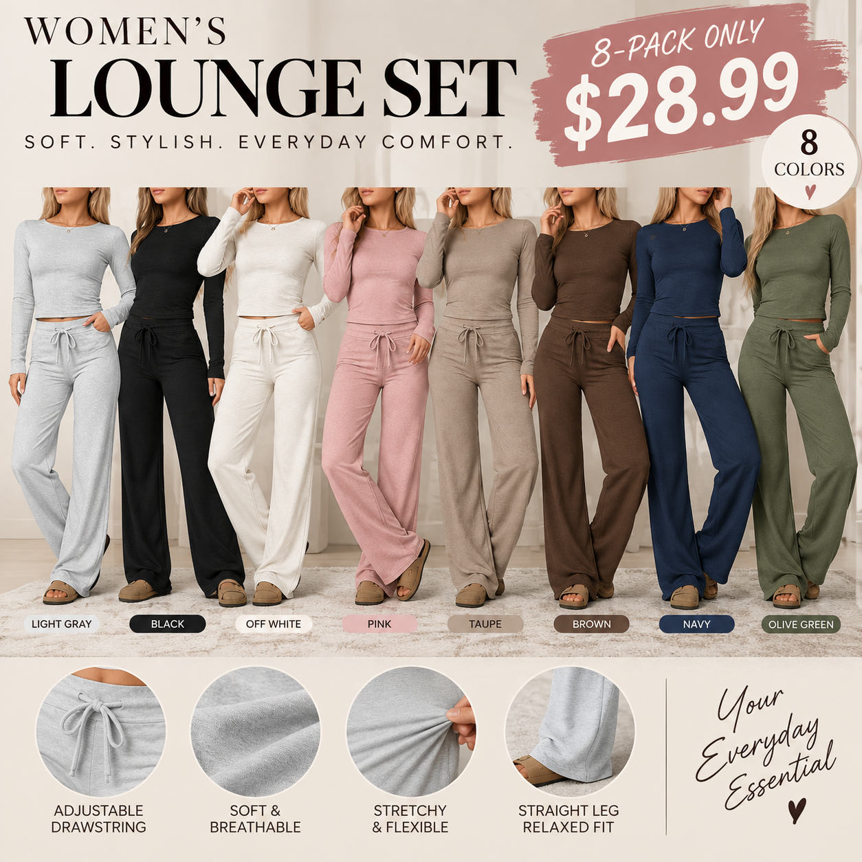 Women’s Modal Two-Piece Lounge Set  A fitted long-sleeve top paired with relaxed drawstring pants for an easy, flattering everyday look