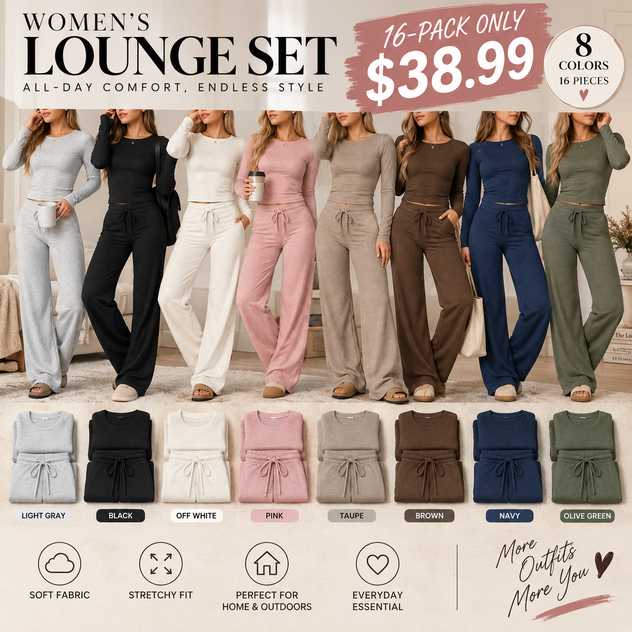 Women’s Modal Two-Piece Lounge Set  A fitted long-sleeve top paired with relaxed drawstring pants for an easy, flattering everyday look