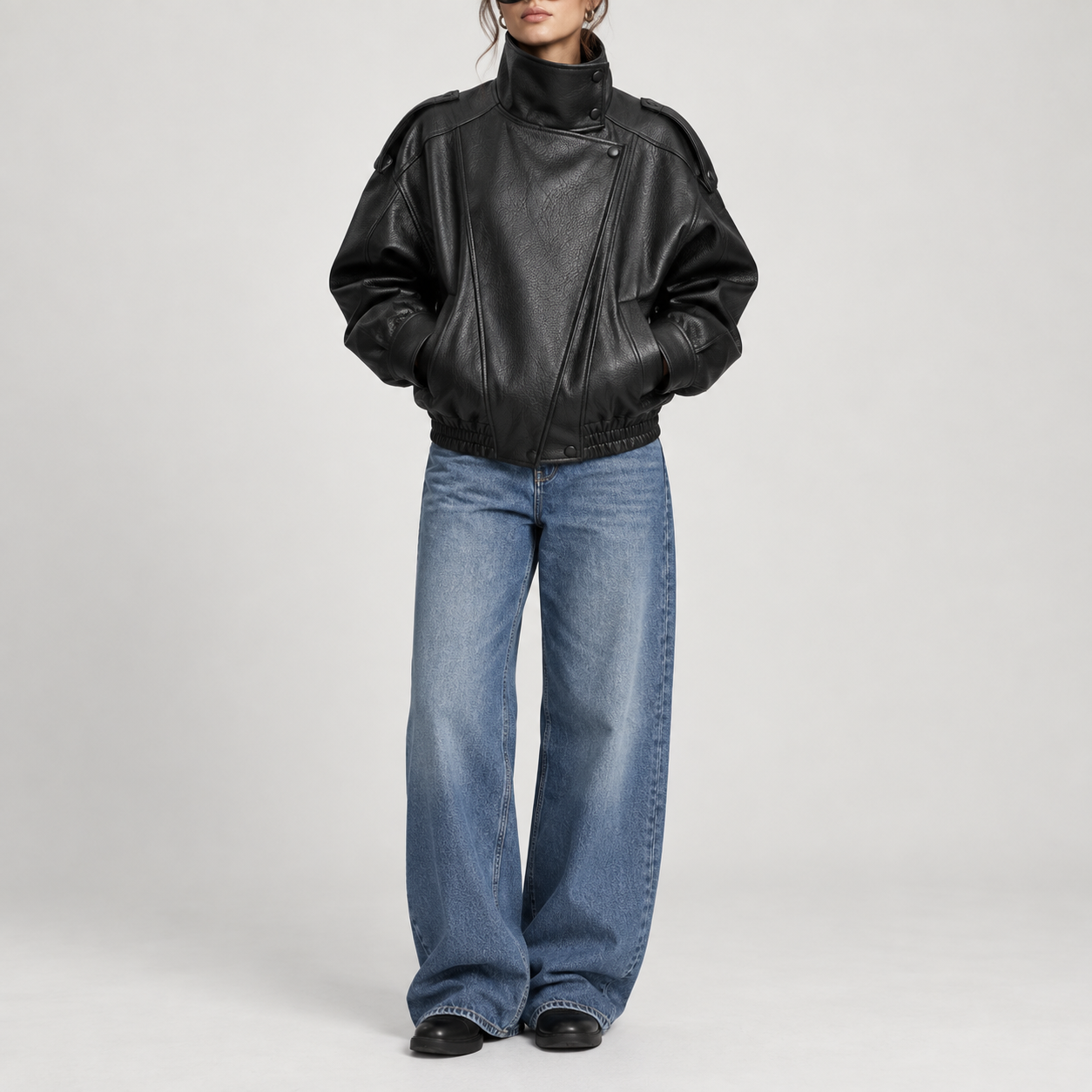 Women's Stand Collar Faux Leather Jacket, Streetwear Casual Style Outerwear Long Sleeve Coats for Spring & Fall, Waterproof & Windproof Clothes for Daily Wear, Oversized Jacket