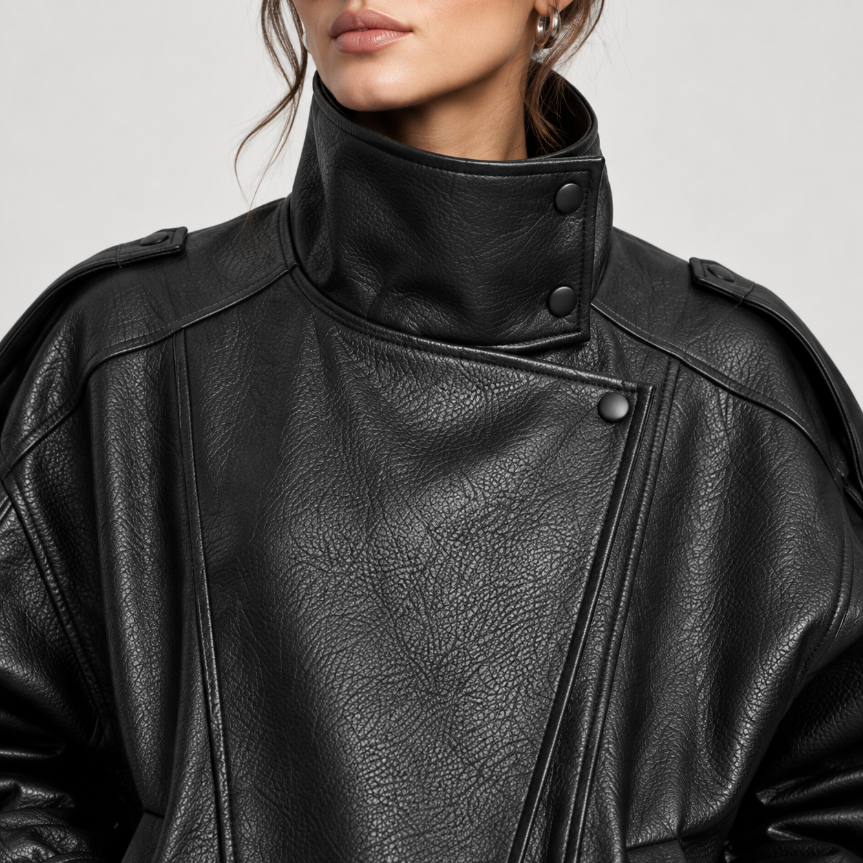 Women's Stand Collar Faux Leather Jacket, Streetwear Casual Style Outerwear Long Sleeve Coats for Spring & Fall, Waterproof & Windproof Clothes for Daily Wear, Oversized Jacket