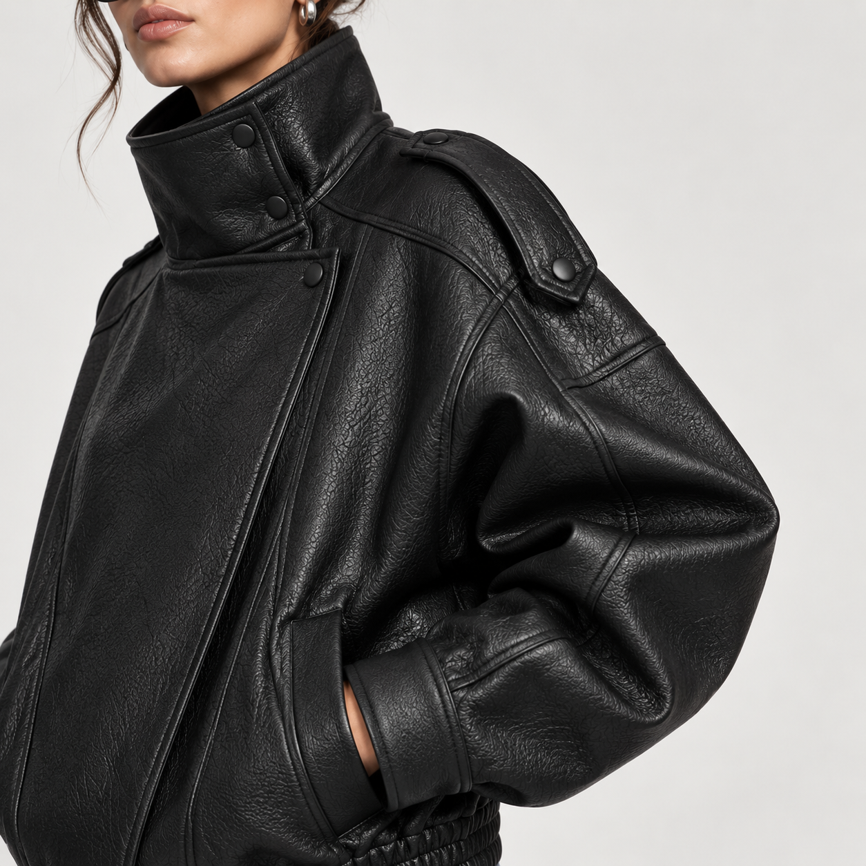 Women's Stand Collar Faux Leather Jacket, Streetwear Casual Style Outerwear Long Sleeve Coats for Spring & Fall, Waterproof & Windproof Clothes for Daily Wear, Oversized Jacket