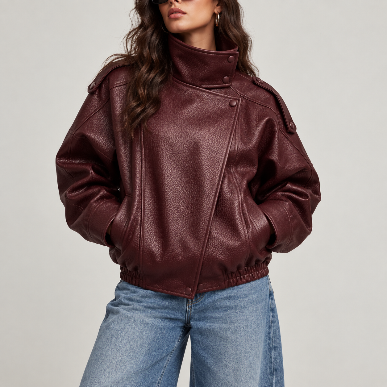 Women's Stand Collar Faux Leather Jacket, Streetwear Casual Style Outerwear Long Sleeve Coats for Spring & Fall, Waterproof & Windproof Clothes for Daily Wear, Oversized Jacket
