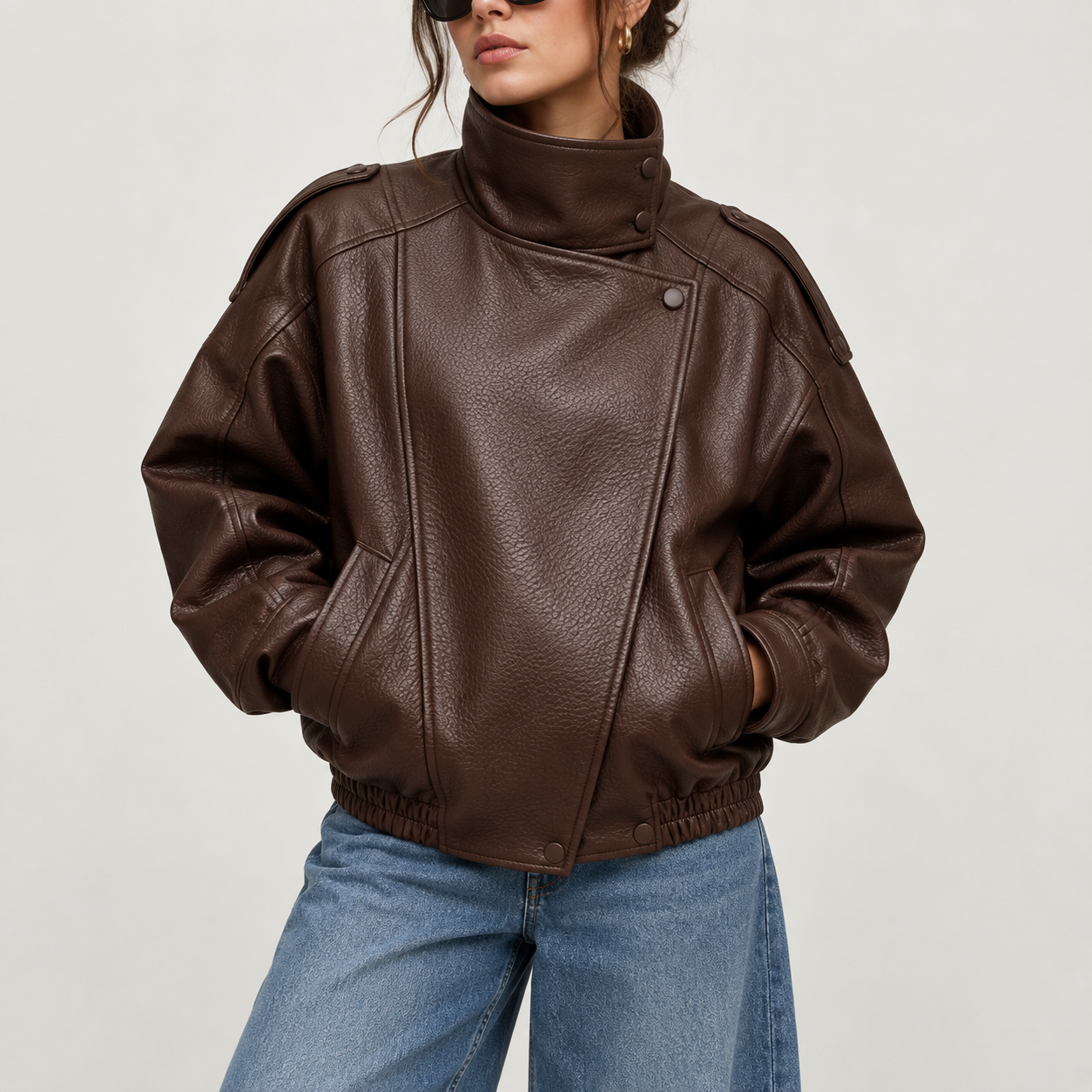 Women's Stand Collar Faux Leather Jacket, Streetwear Casual Style Outerwear Long Sleeve Coats for Spring & Fall, Waterproof & Windproof Clothes for Daily Wear, Oversized Jacket