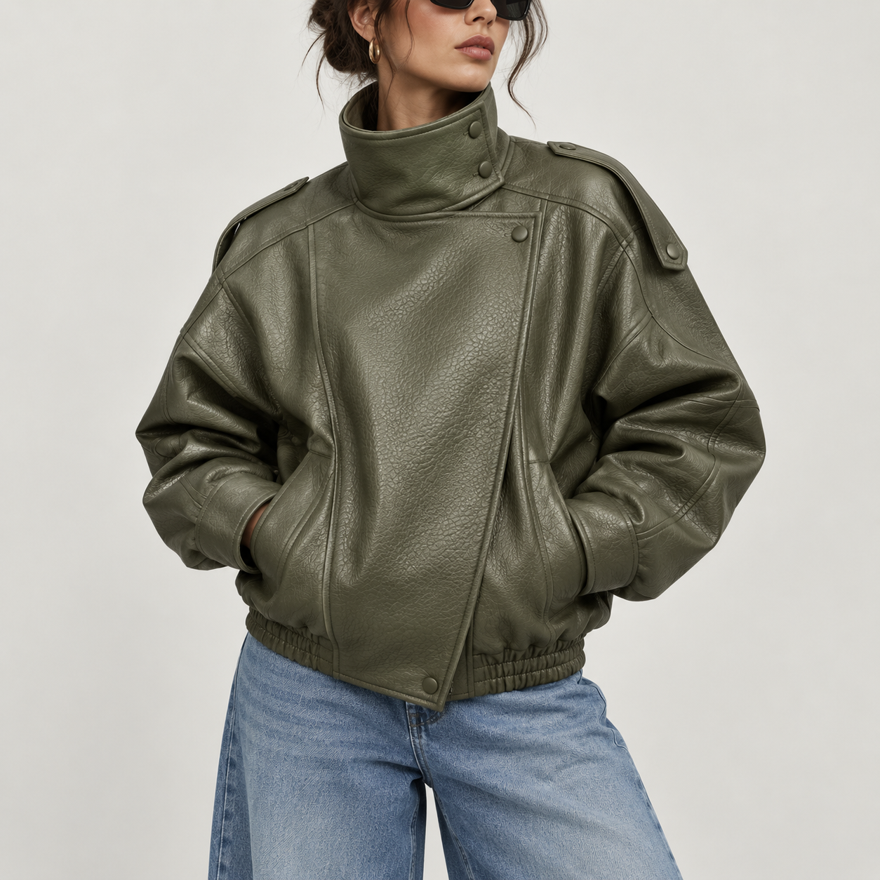 Women's Stand Collar Faux Leather Jacket, Streetwear Casual Style Outerwear Long Sleeve Coats for Spring & Fall, Waterproof & Windproof Clothes for Daily Wear, Oversized Jacket