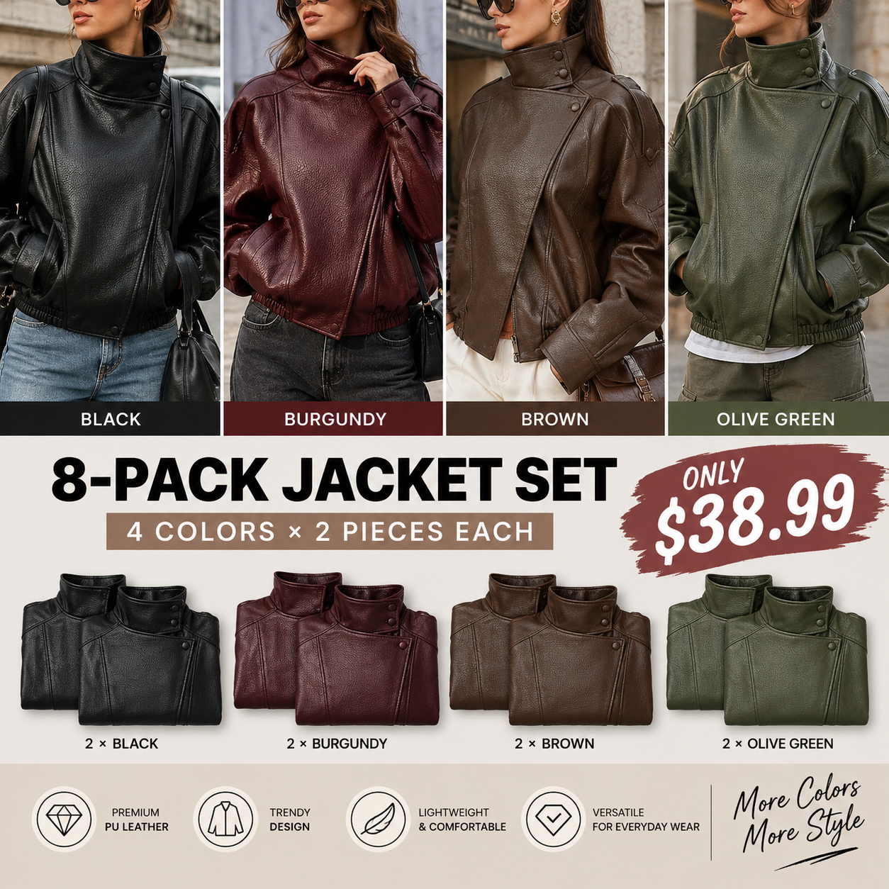 Women's Stand Collar Faux Leather Jacket, Streetwear Casual Style Outerwear Long Sleeve Coats for Spring & Fall, Waterproof & Windproof Clothes for Daily Wear, Oversized Jacket