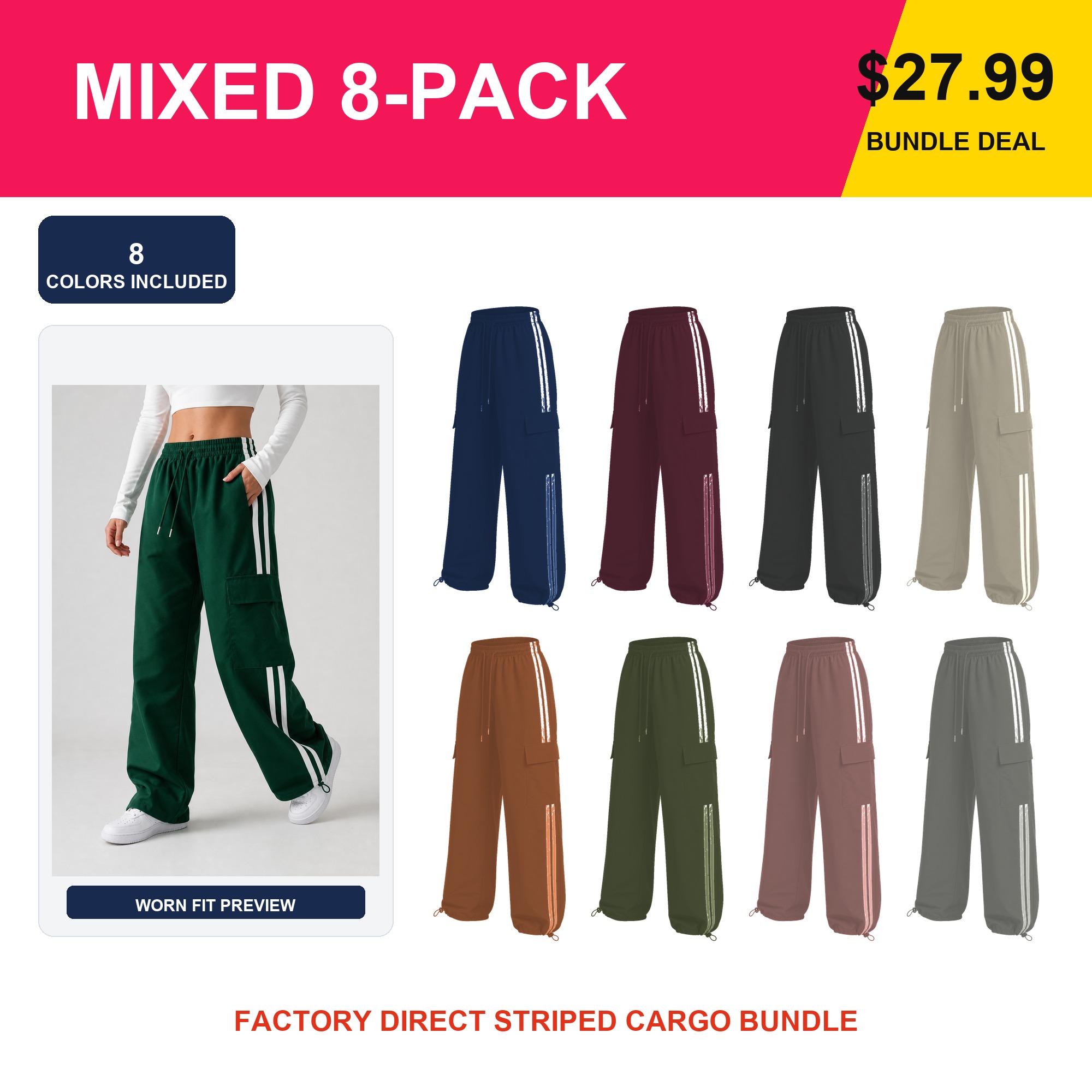 8 pack B striped cargo track pants bundle with model