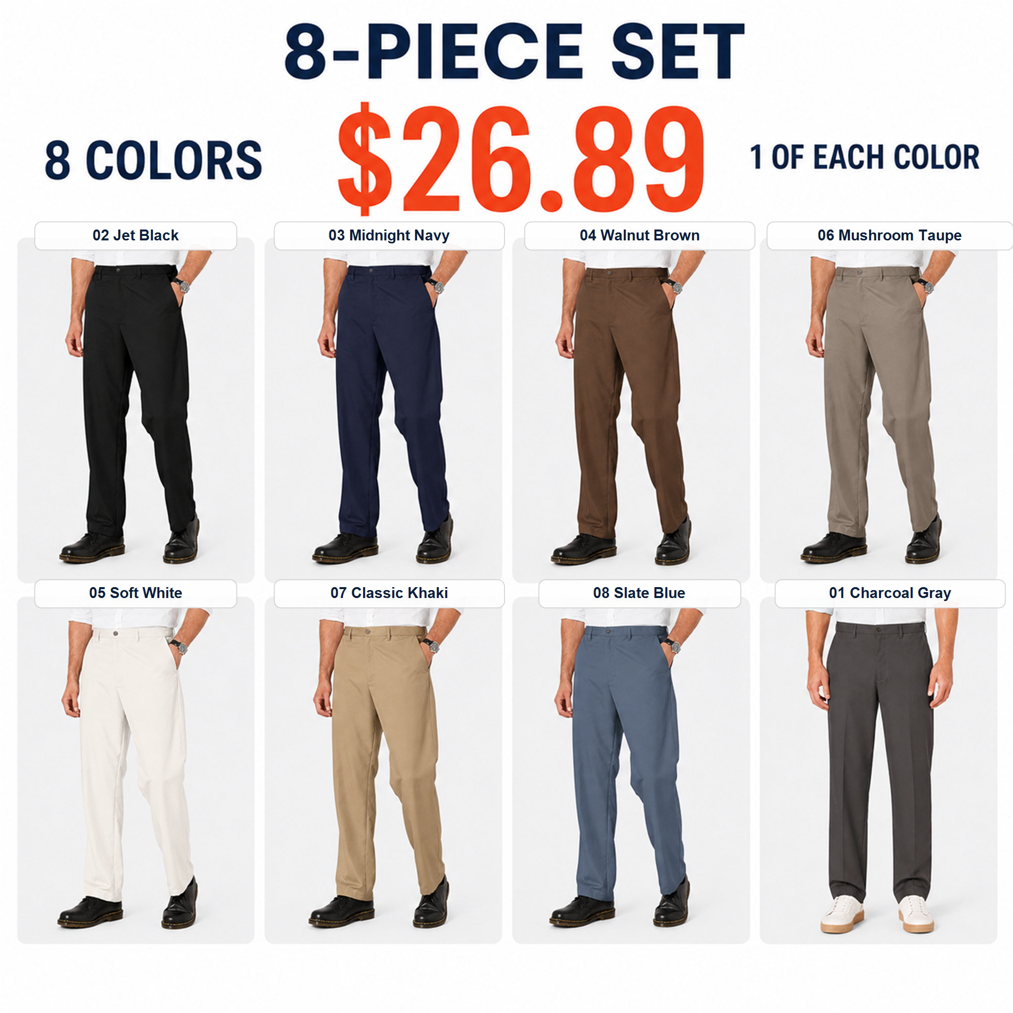 Men's classic-fit formal trousers featuring an expandable waistband and a flat-front design.