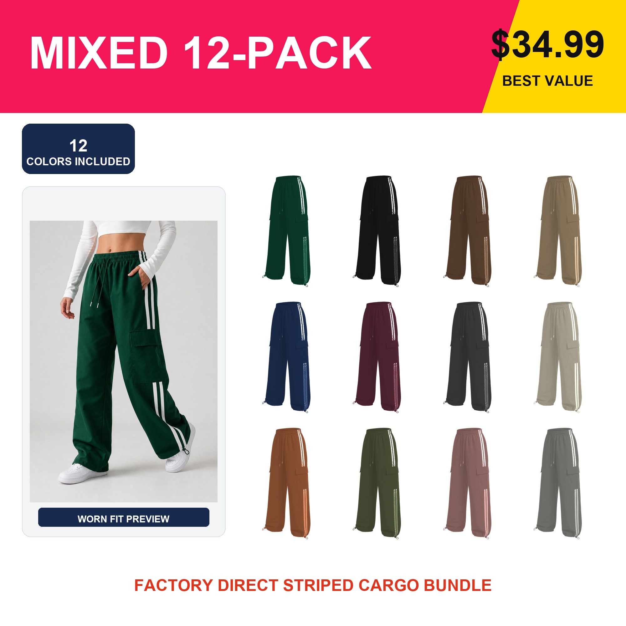 12 pack striped cargo track pants best value bundle with model