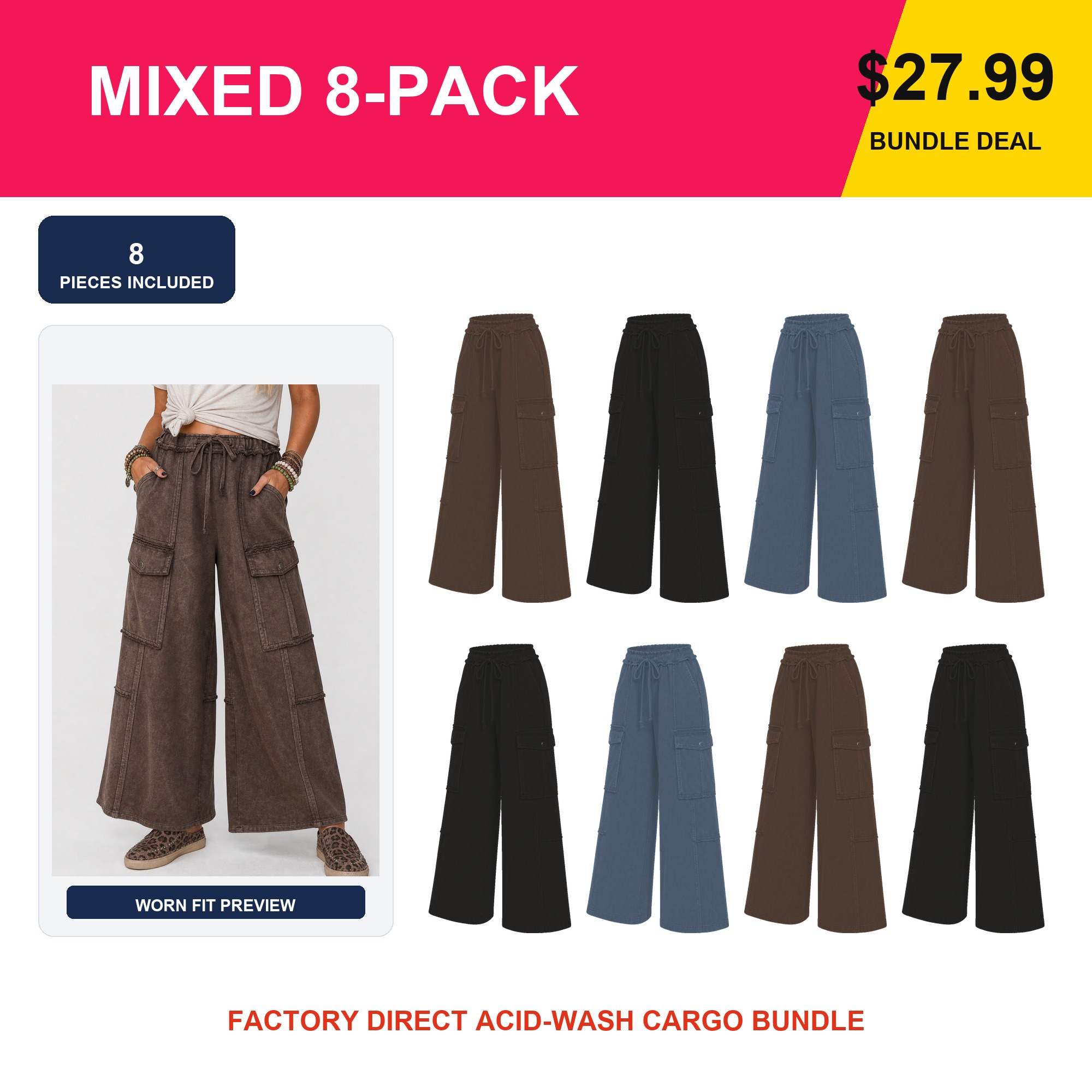 8 pack acid-wash wide-leg cargo sweatpants bundle with model