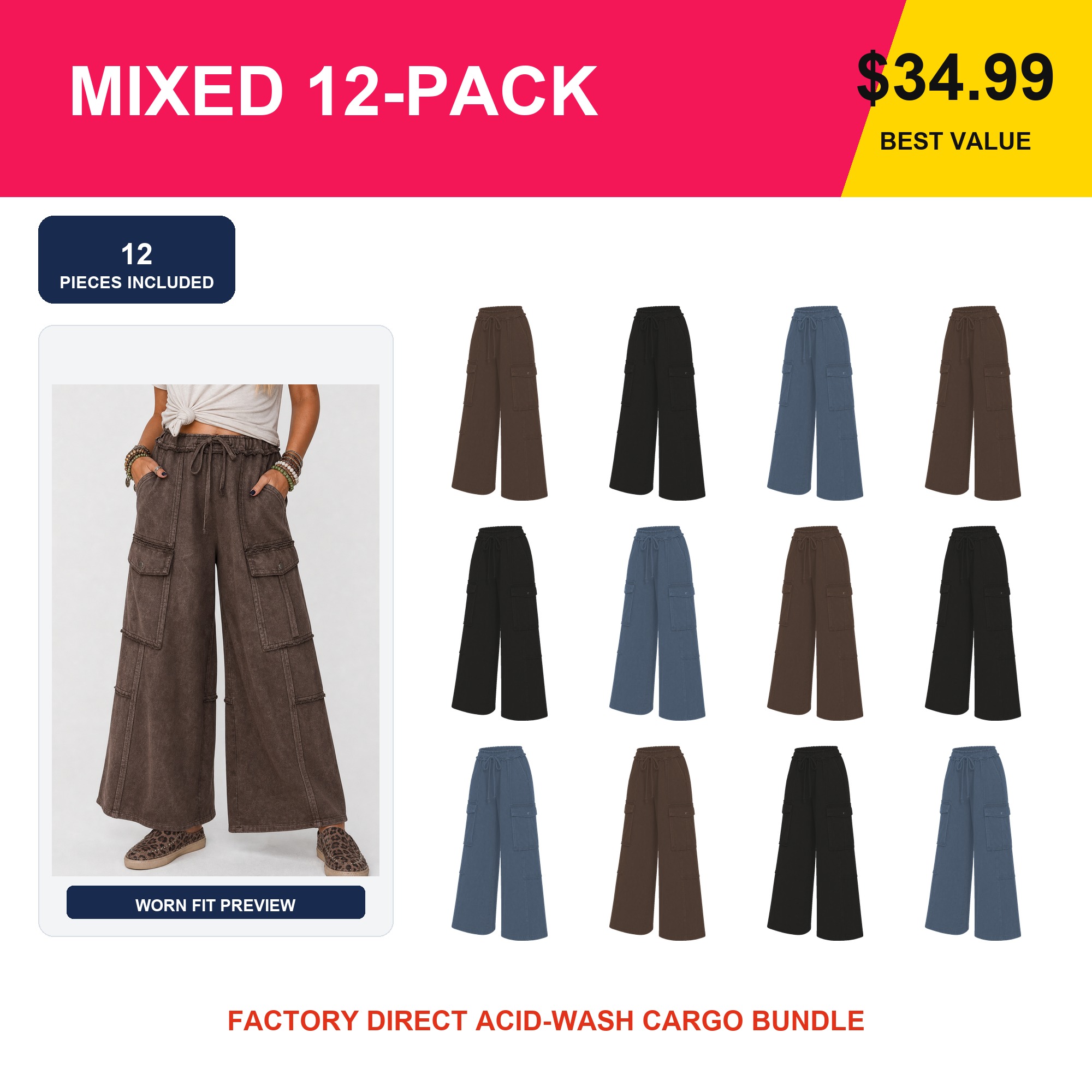 12 pack acid-wash wide-leg cargo sweatpants best value bundle with model